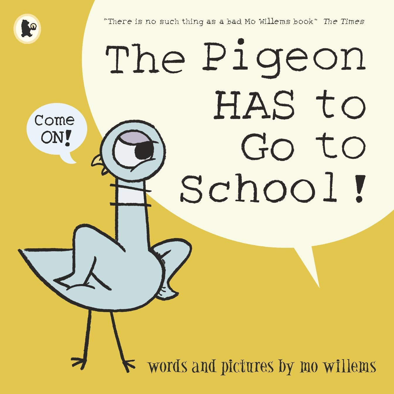 Overhead flat-lay of all seven Don't Let the Pigeon paperback books by Mo Willems, covers facing up.