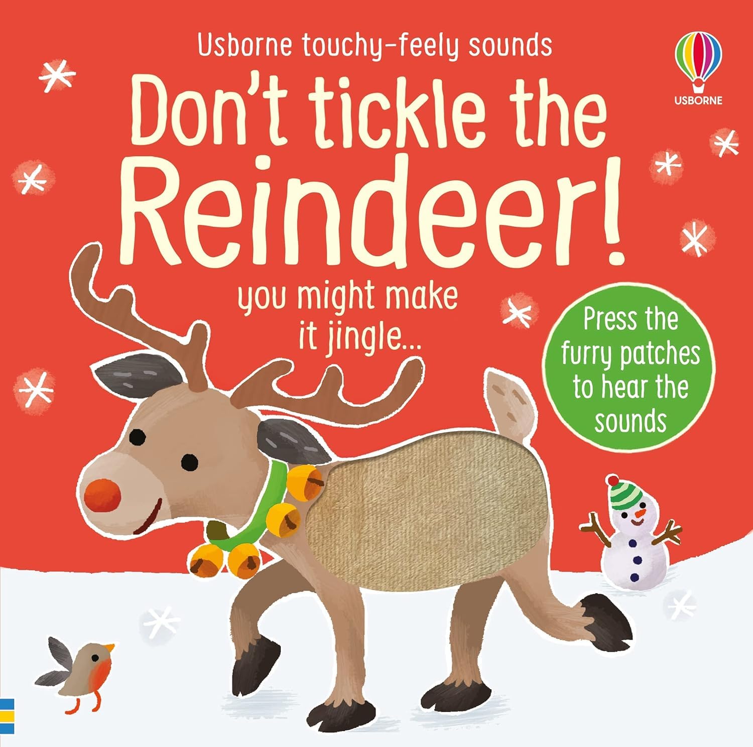 Don't Tickle Santa touch-and-feel board book by Sam Taplin - close-up of textured touch patches and holiday illustrations