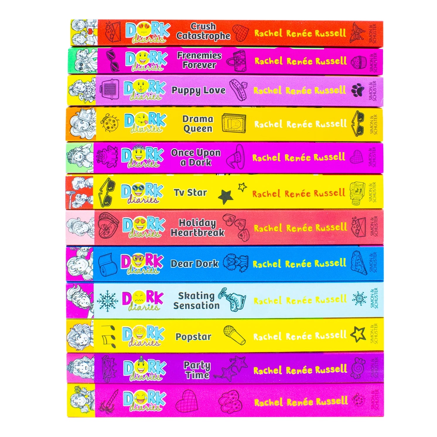 Back covers of the Dork Diaries 12-book paperback collection set showing series blurbs