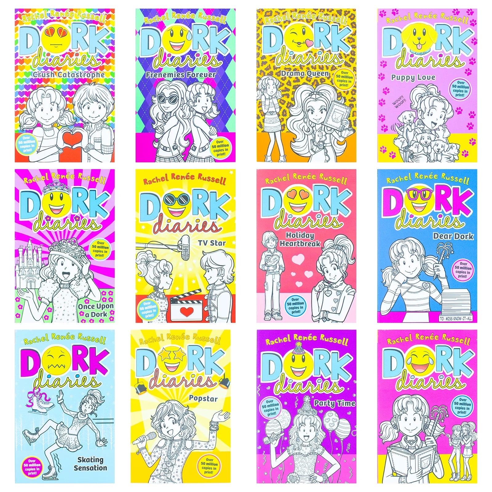 All 12 Dork Diaries paperback books stacked together showing the complete collection set