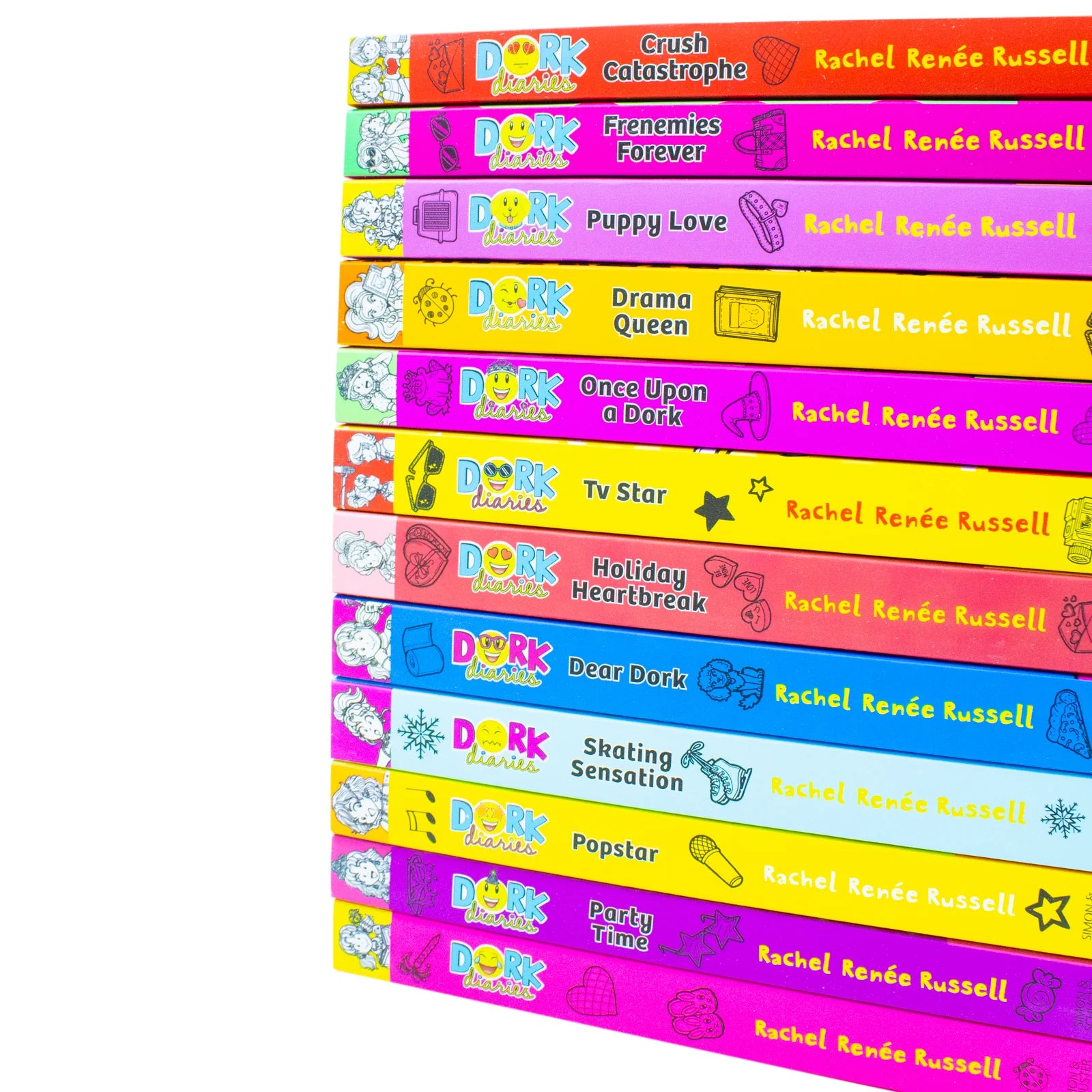Dork Diaries 12-book collection set spines lined up showing numbered volumes 1 through 12