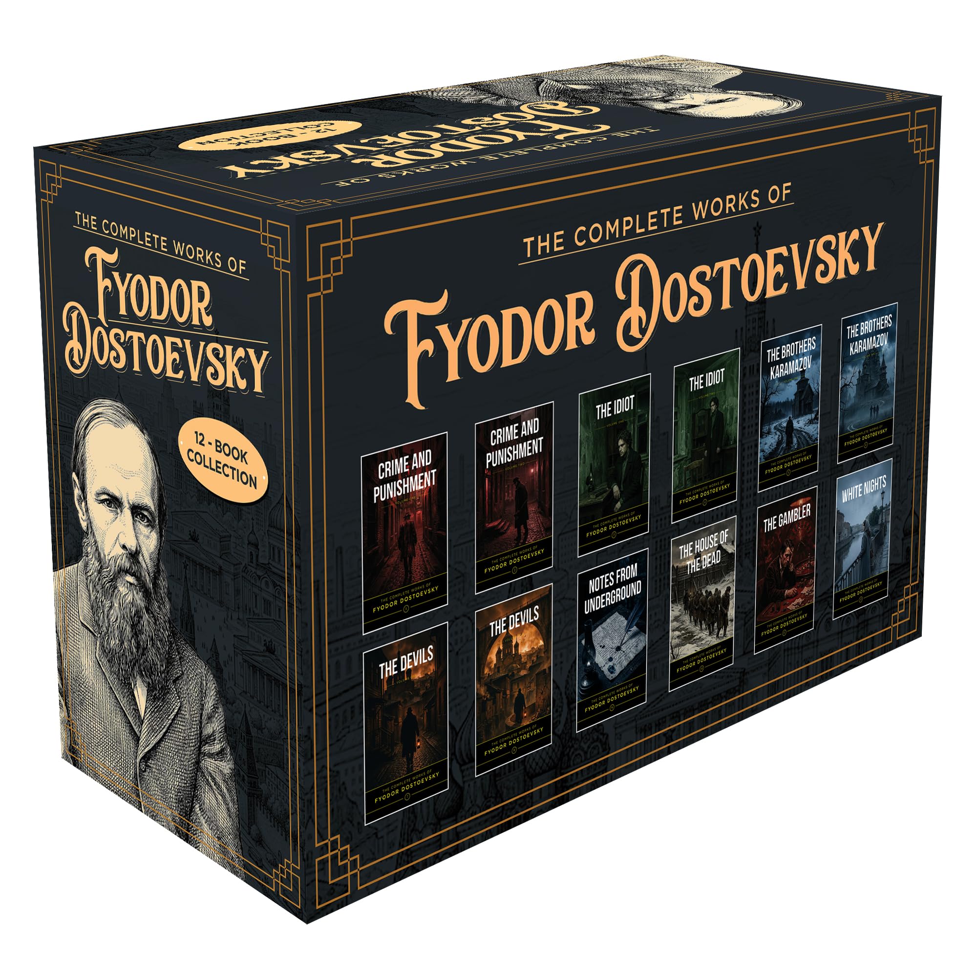 Back cover of the Dostoevsky 12 books paperback collection showing the full list of included classic Russian novels