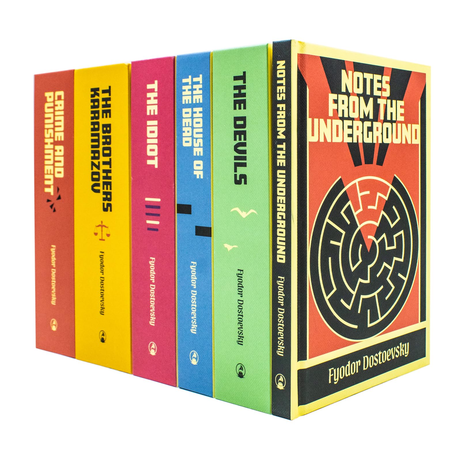 Six hardback Dostoevsky novels fanned out showing individual cover designs for Crime and Punishment and other titles