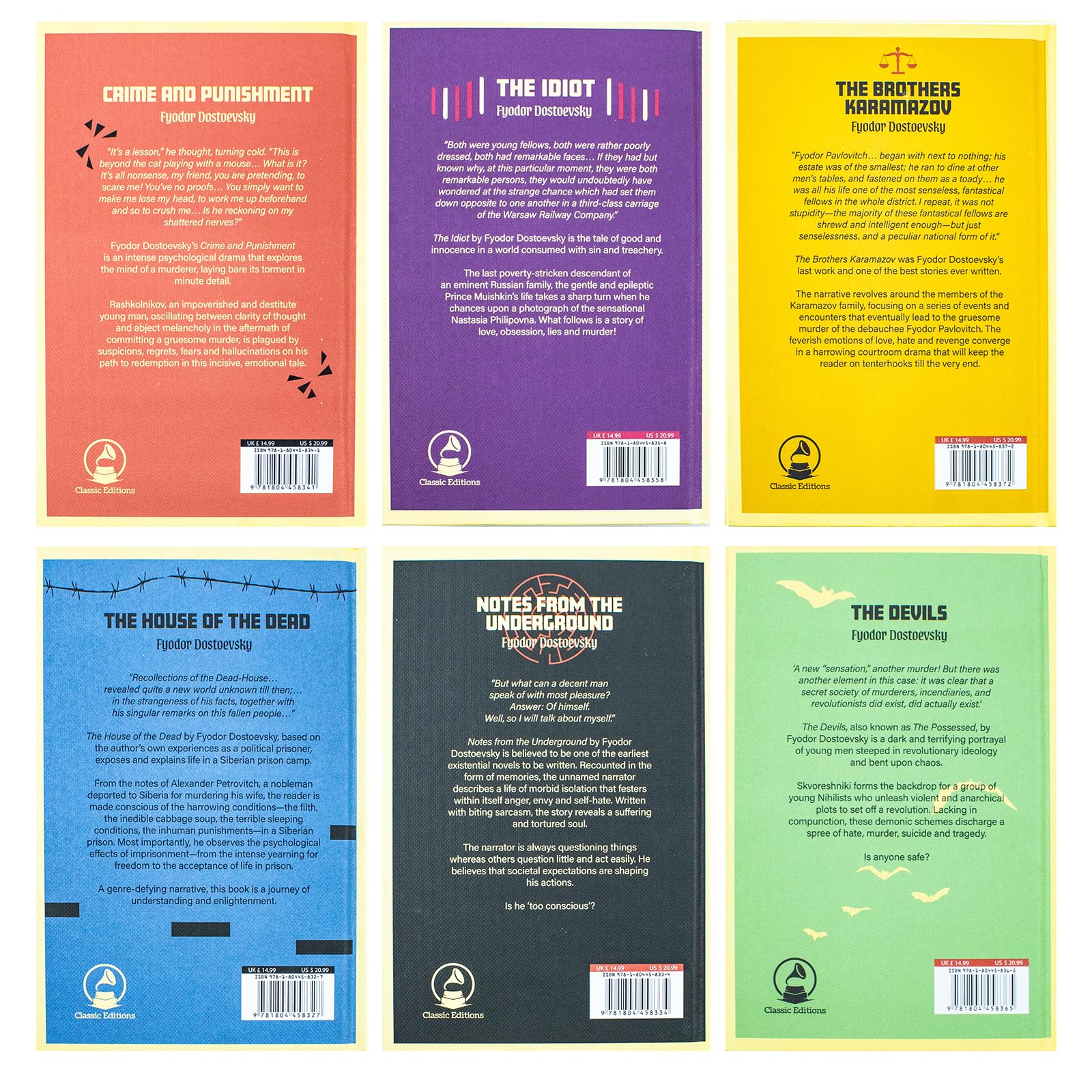 Stacked view of the six hardcover Dostoevsky novels showing book spines and titles