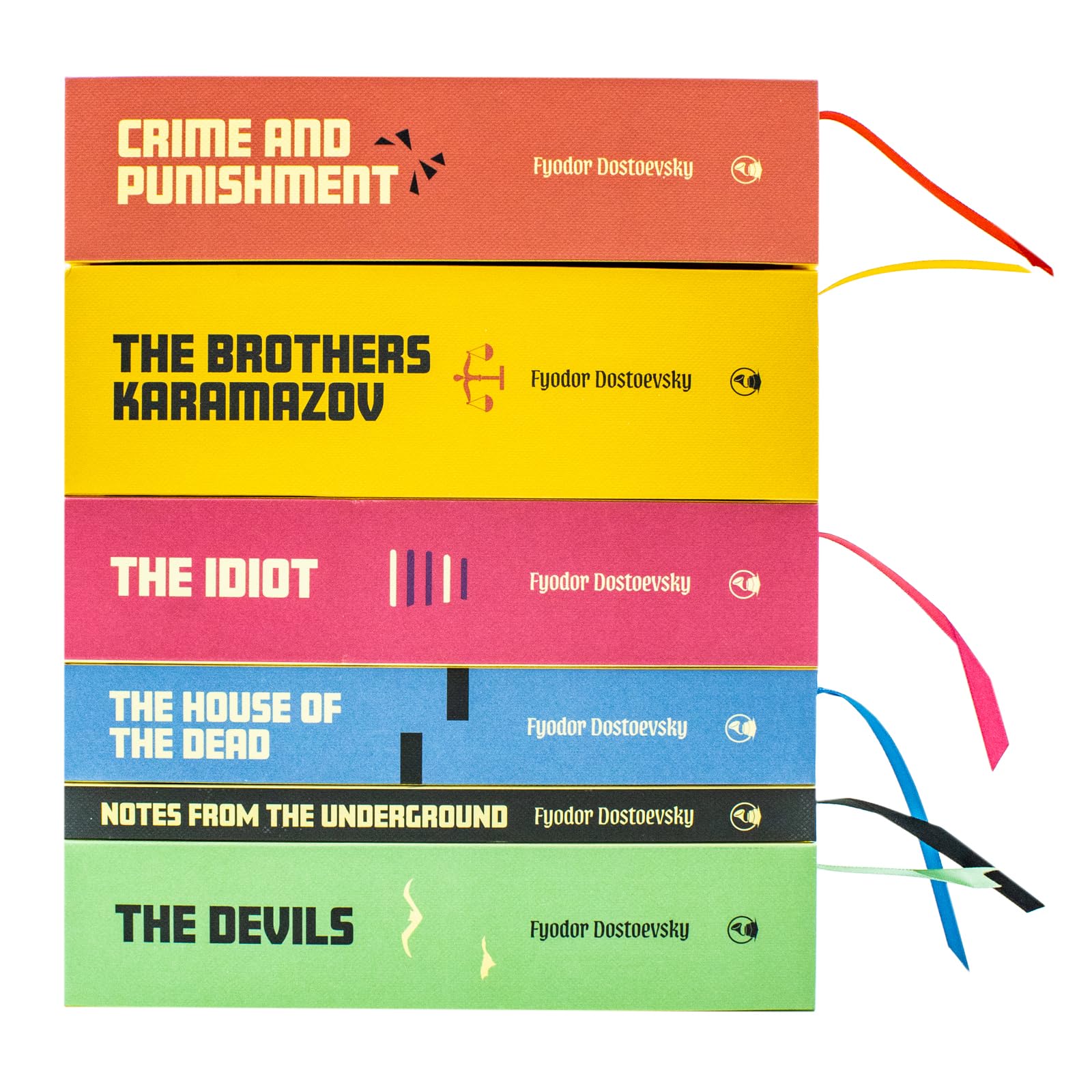 Open box set showing all six Dostoevsky hardback novels nested inside the collection case