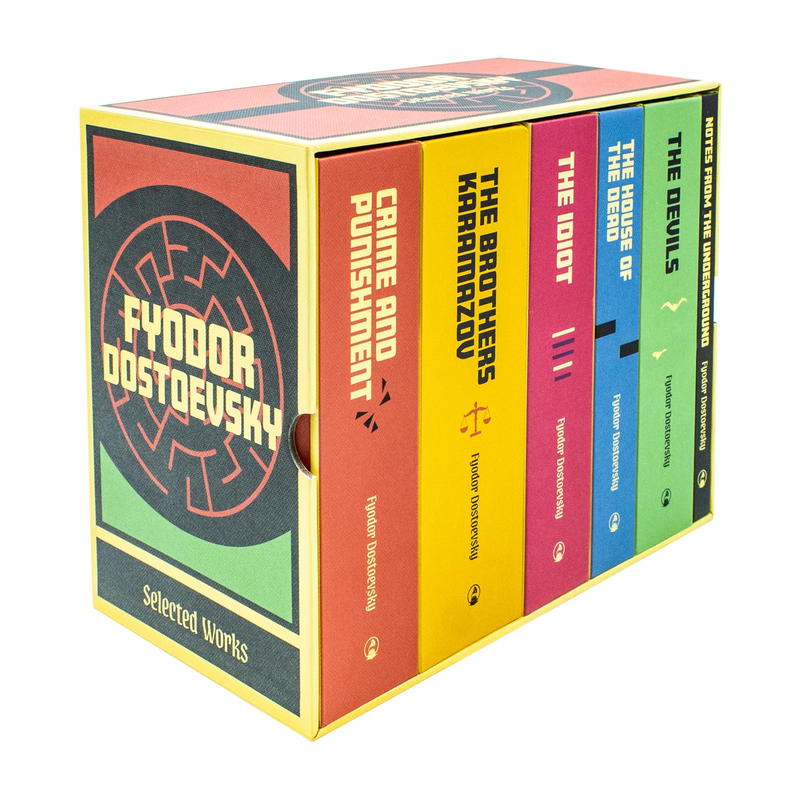 Front cover view of the Complete Collection of Fyodor Dostoevsky 6-book hardback box set showing all six spines