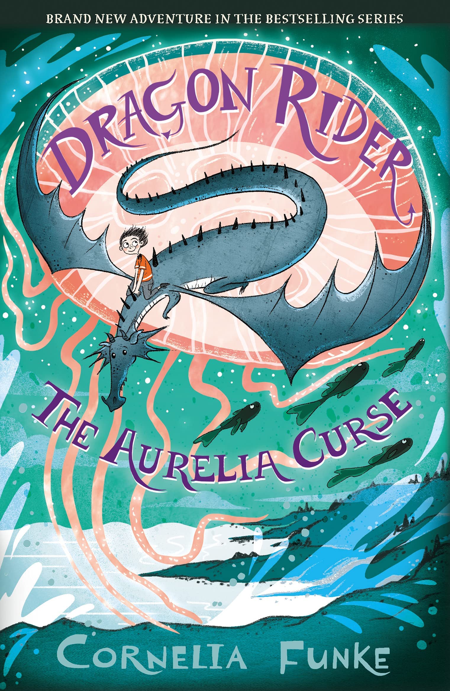 Dragon Rider paperback trilogy by Cornelia Funke, all three book spines and covers fanned out