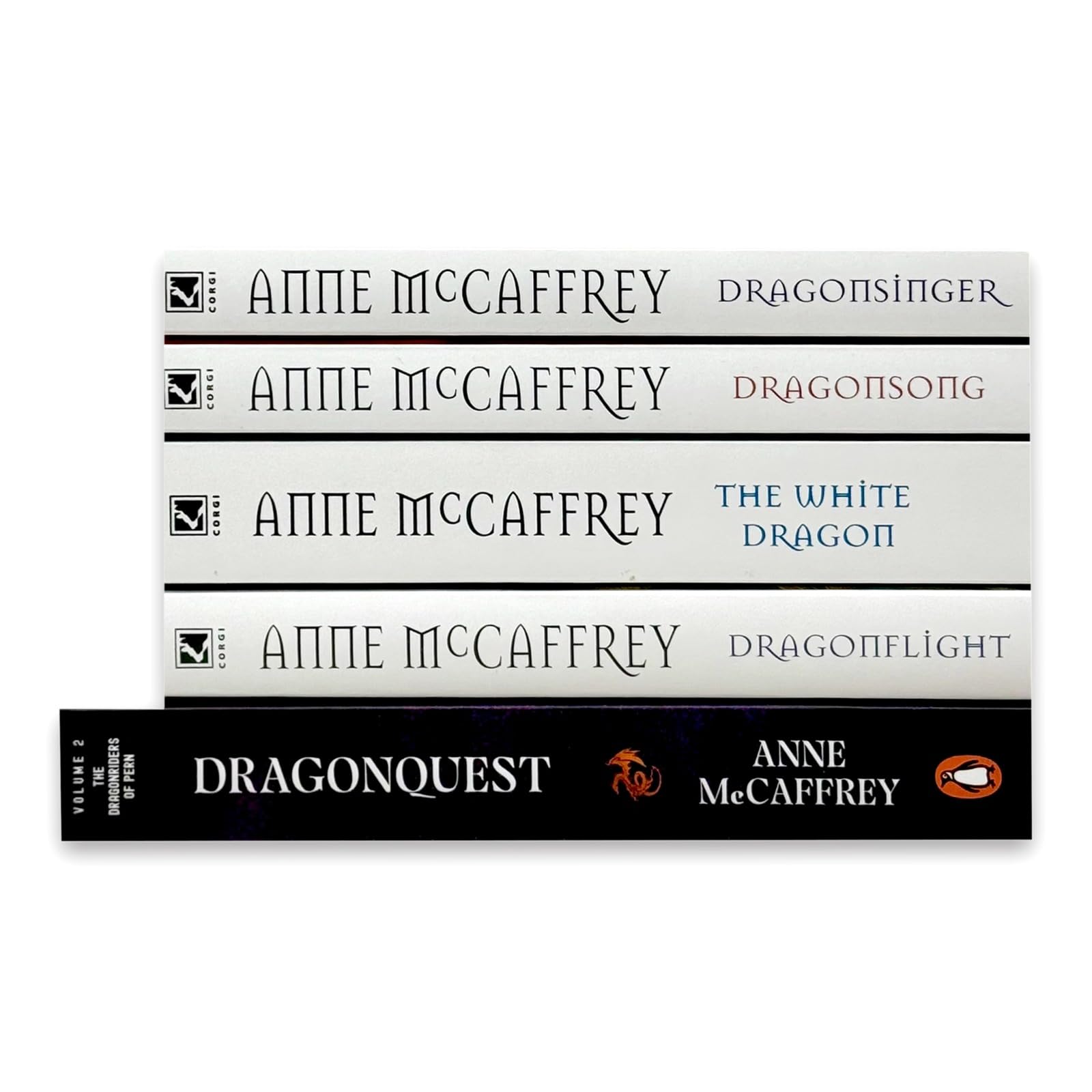 Dragonflight, Dragonquest, The White Dragon, Dragonsong and Dragonsinger paperback spines side by side