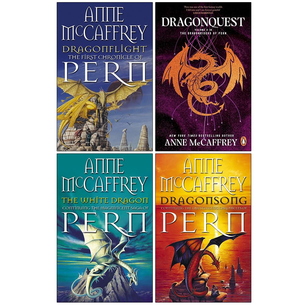 Dragonriders of Pern 4 Books Collection Set by Anne McCaffrey - front covers of Dragonflight, Dragonquest, The White Dragon, and Dragonsong paperbacks