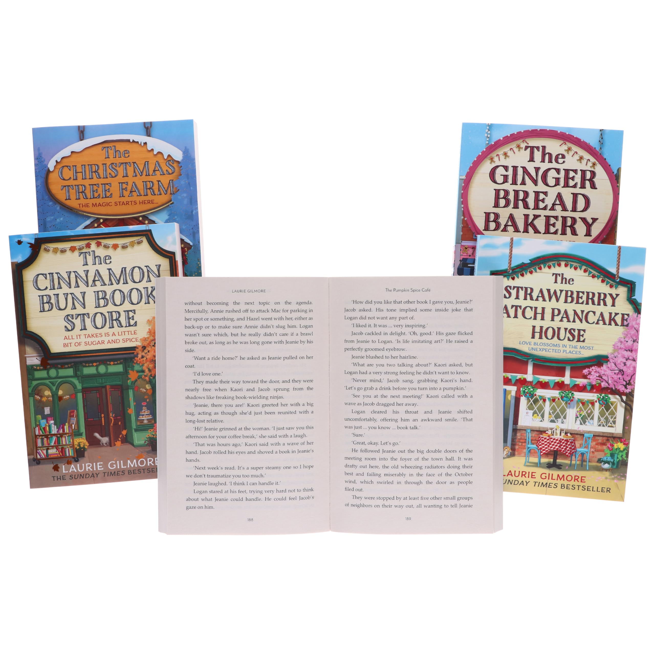 The Gingerbread Bakery by Laurie Gilmore paperback front cover, Dream Harbor series book 5, all five books fanned out