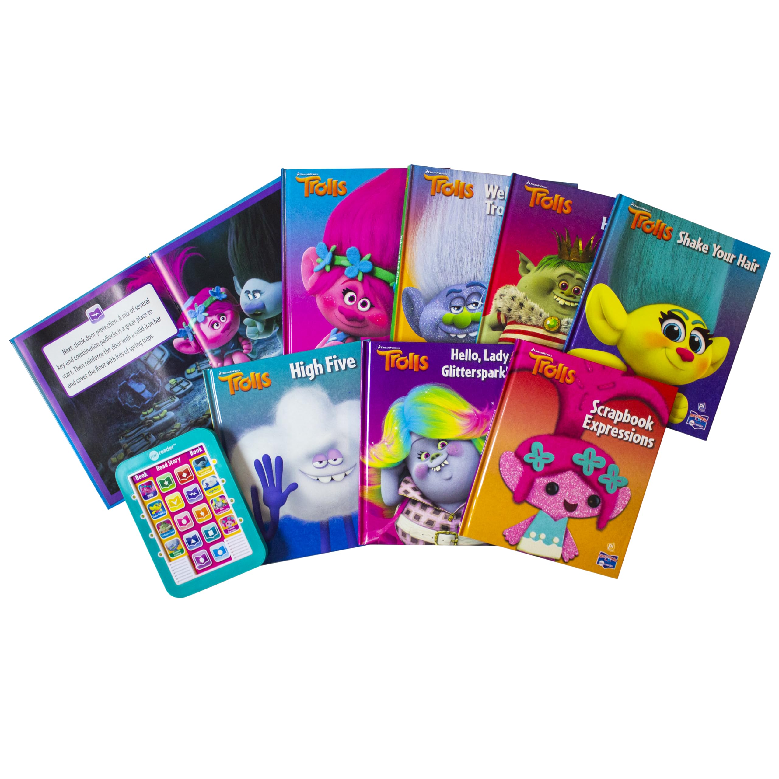Back panel of the DreamWorks Trolls Me Reader 8-Book box set showing product details and included titles