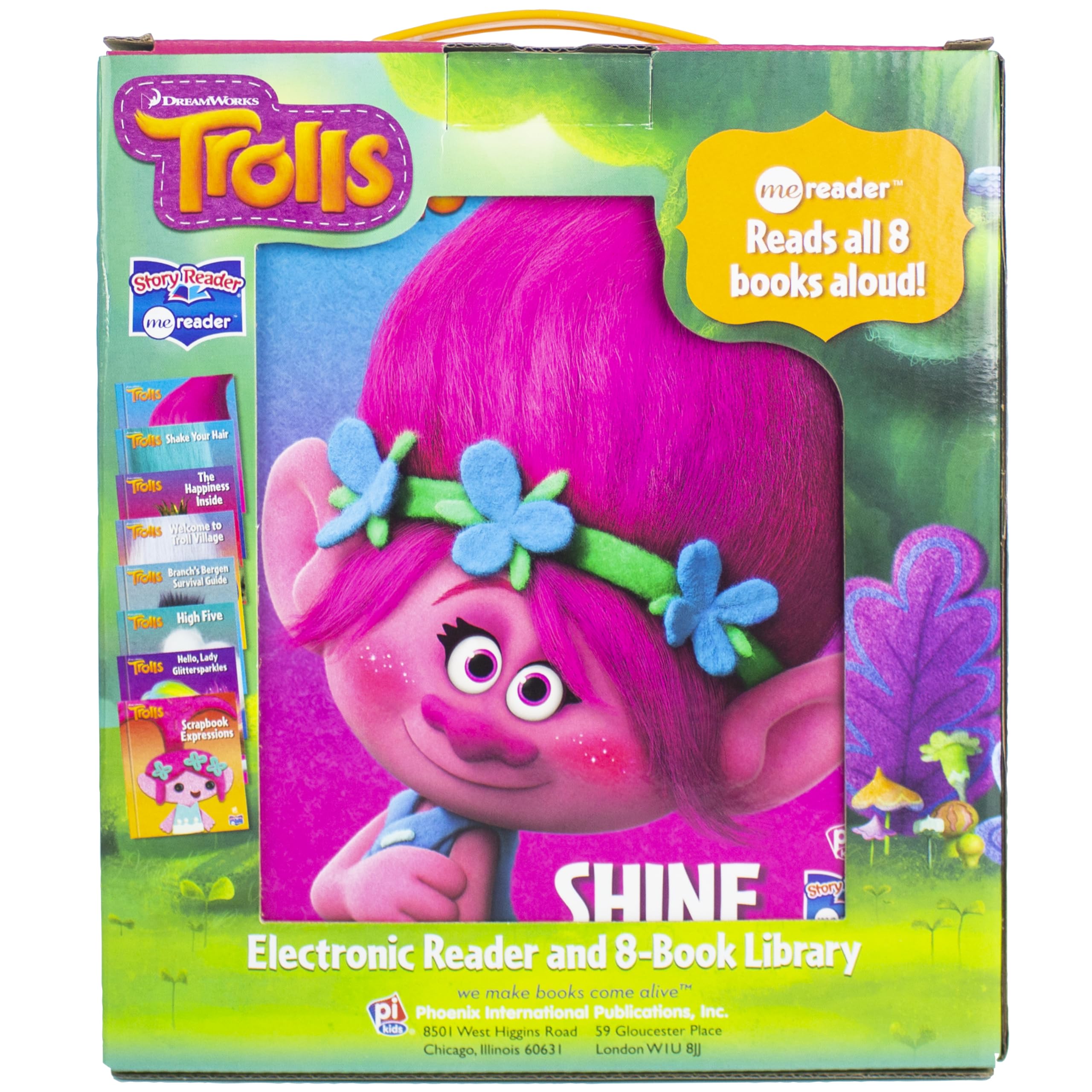 All eight DreamWorks Trolls storybooks fanned out alongside the electronic Me Reader module