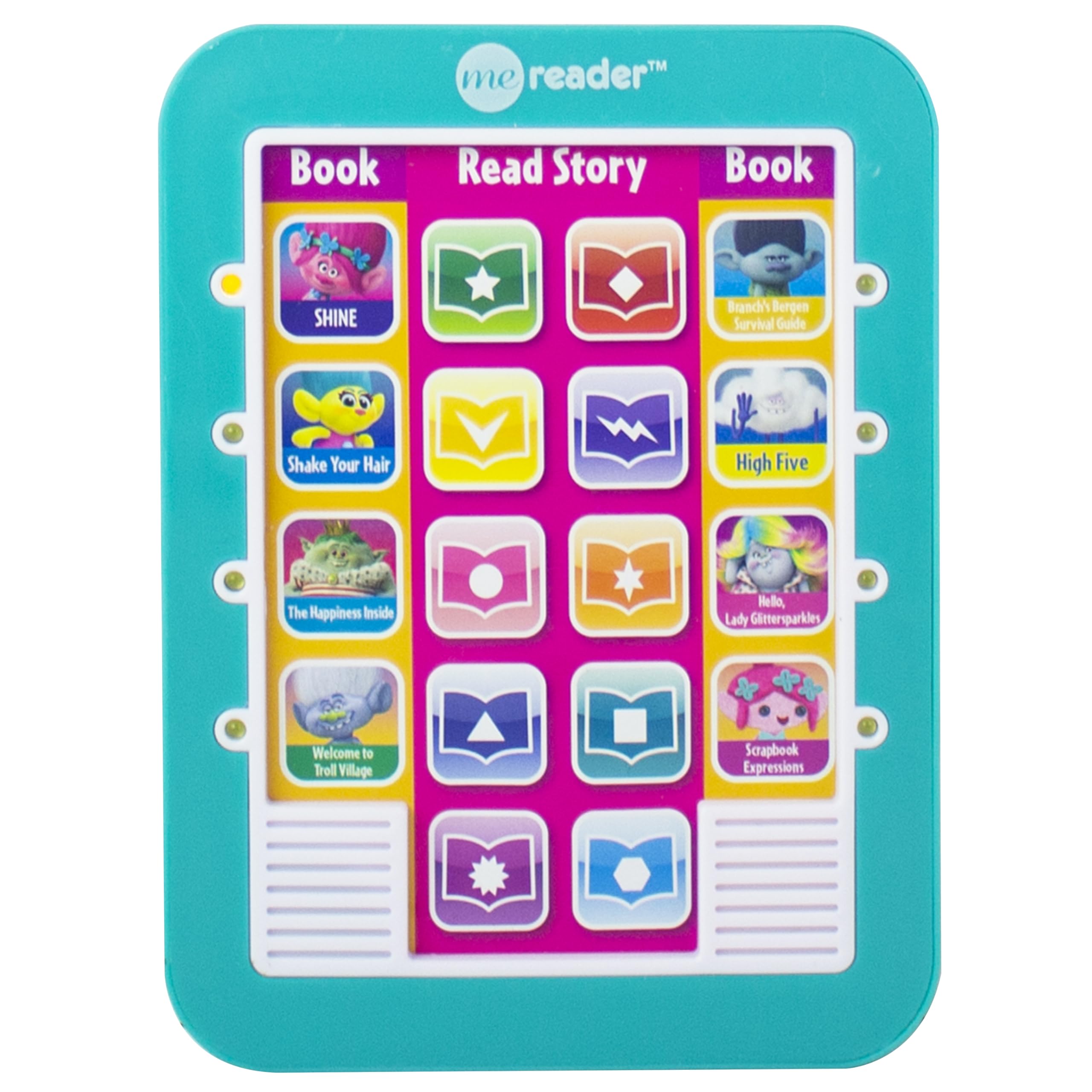 Close-up of the DreamWorks Trolls electronic Me Reader module with book and page buttons