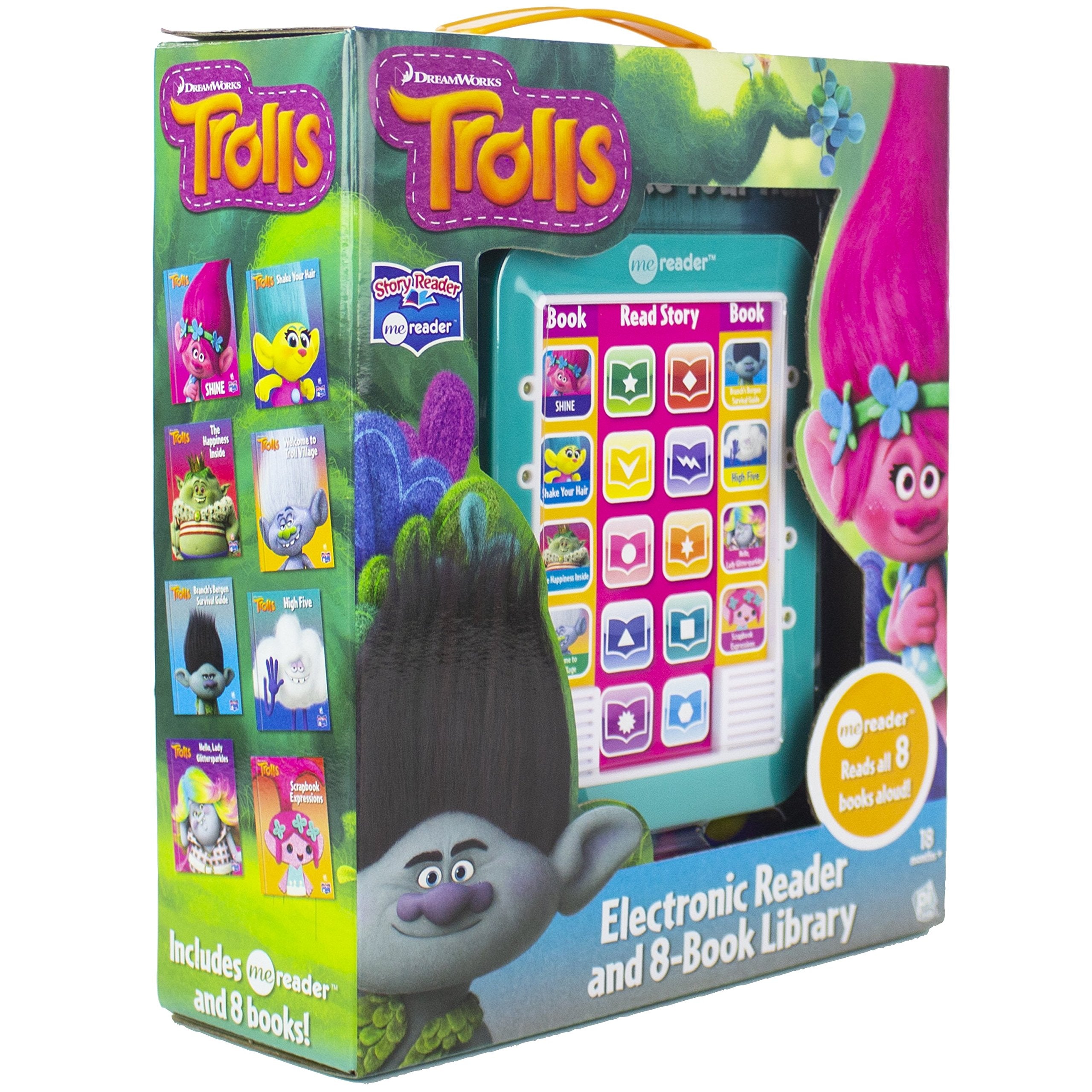 Open page spread from one of the DreamWorks Trolls storybooks showing bright character illustrations