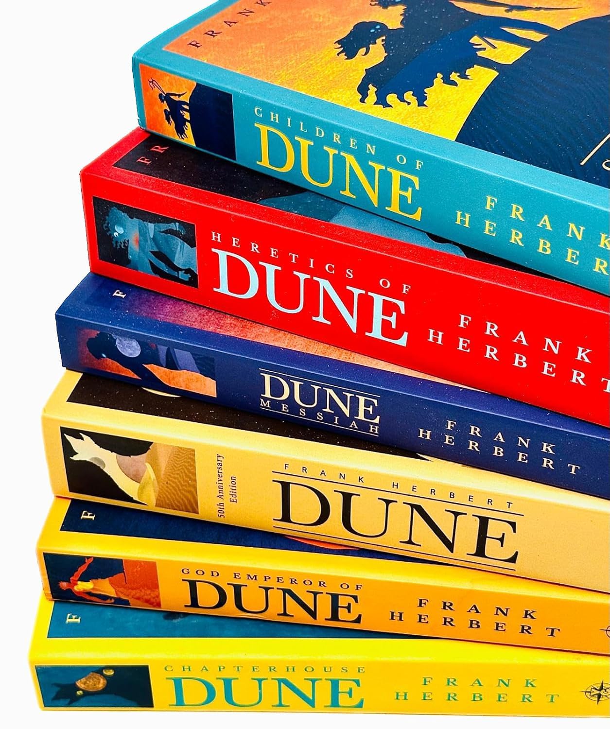 All six Dune saga paperbacks by Frank Herbert fanned out, showing God Emperor of Dune, Heretics of Dune, and Chapterhouse: Dune covers.