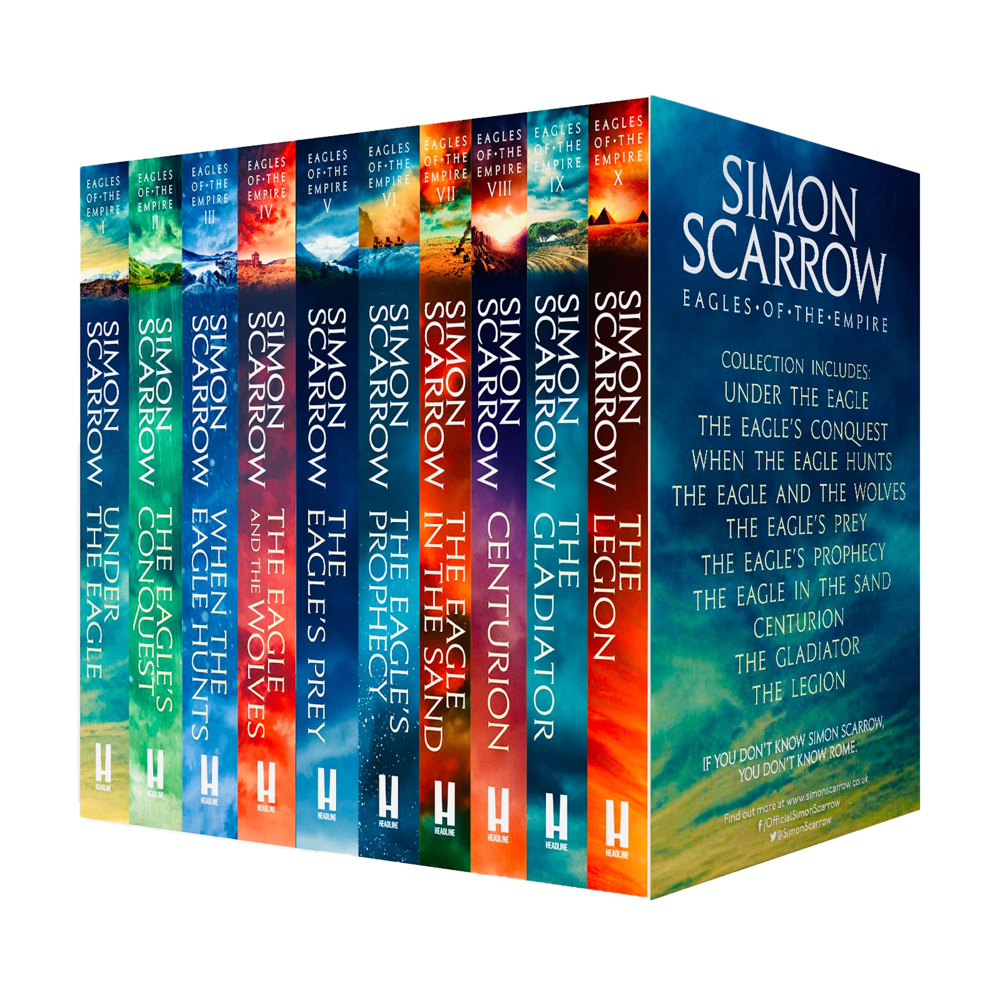 All ten paperback novels in the Eagles of the Empire series by Simon Scarrow displayed together, showing Books 1-10 cover designs