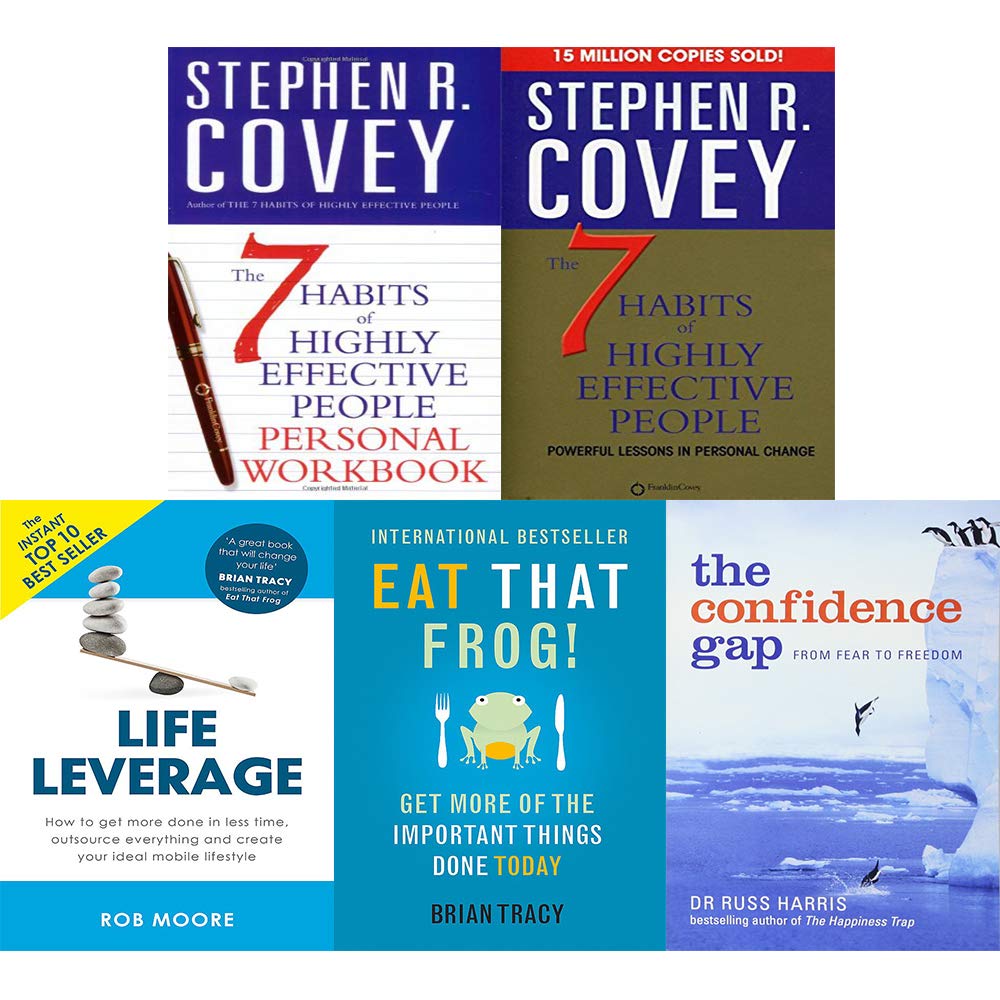 Front covers of the 5-book paperback productivity set including Eat That Frog!, The 7 Habits of Highly Effective People, and The Confidence Gap