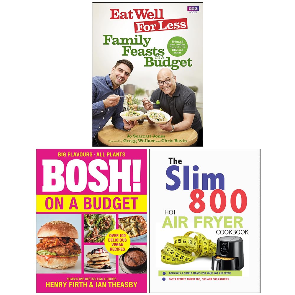 Front cover of Eat Well for Less: Family Feasts on a Budget, BOSH! on a Budget & The Slim 800 Hot Air Fryer Recipe Cookbook 3 books paperback set