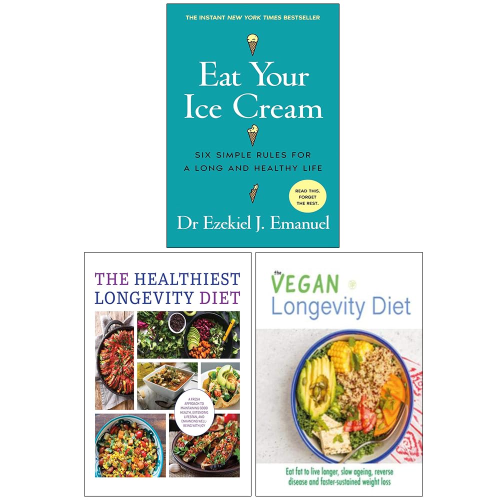 Front covers of the Eat Your Ice Cream, The Healthiest Longevity Diet, and The Vegan Longevity Diet 3-book paperback set
