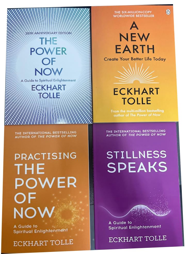 Front cover of the Eckhart Tolle 4 Books Collection Set paperback, featuring The Power of Now, A New Earth, Stillness Speaks, and Practising the Power of Now