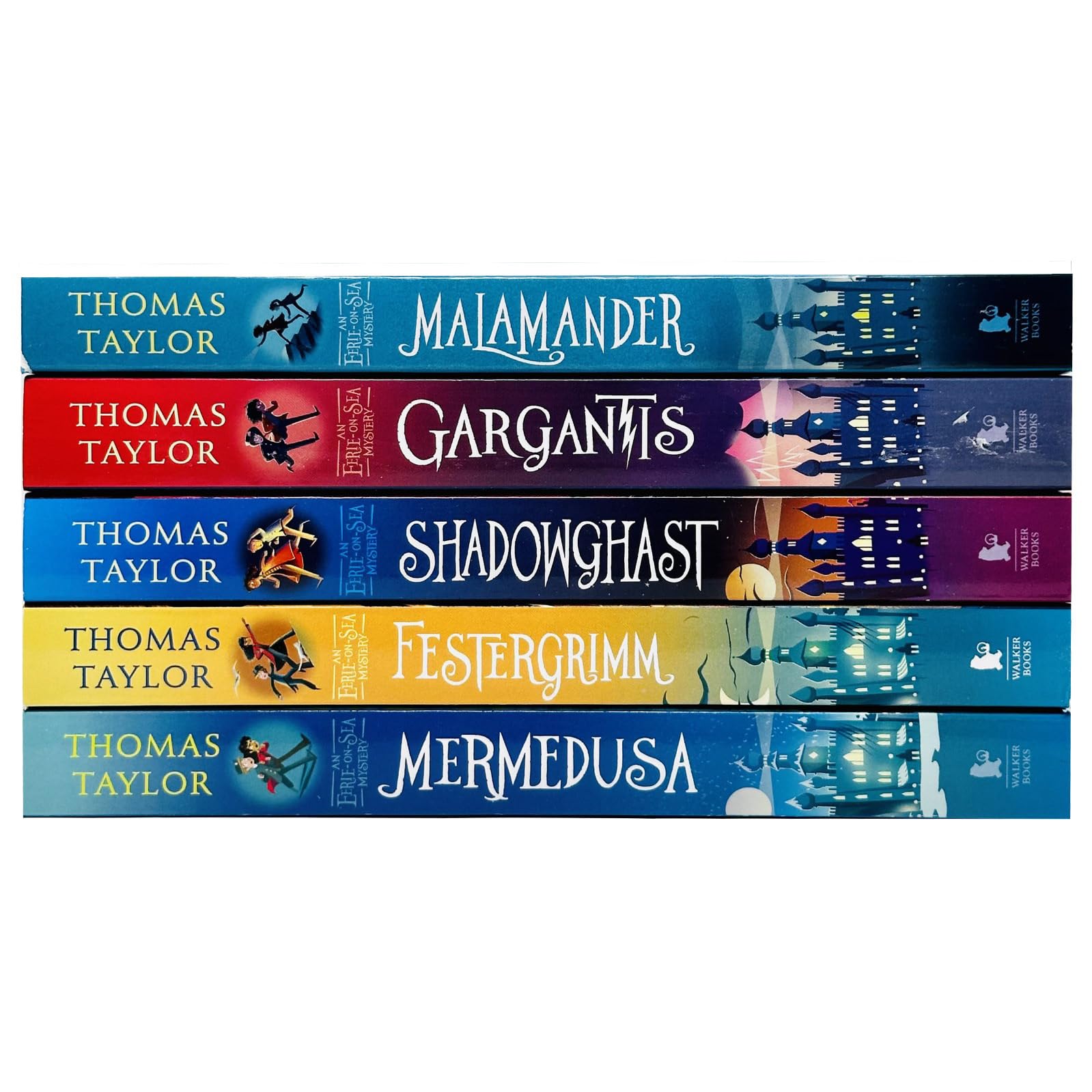 Eerie-on-Sea Mystery Series paperback set showing Malamander, Gargantis, Shadowghast, Festergrimm and Mermedusa covers fanned out