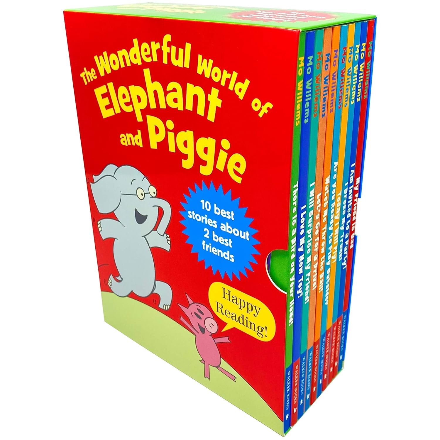 Elephant and Piggie 20 books fanned out showing all paperback titles including Today I Will Fly and We Are in a Book