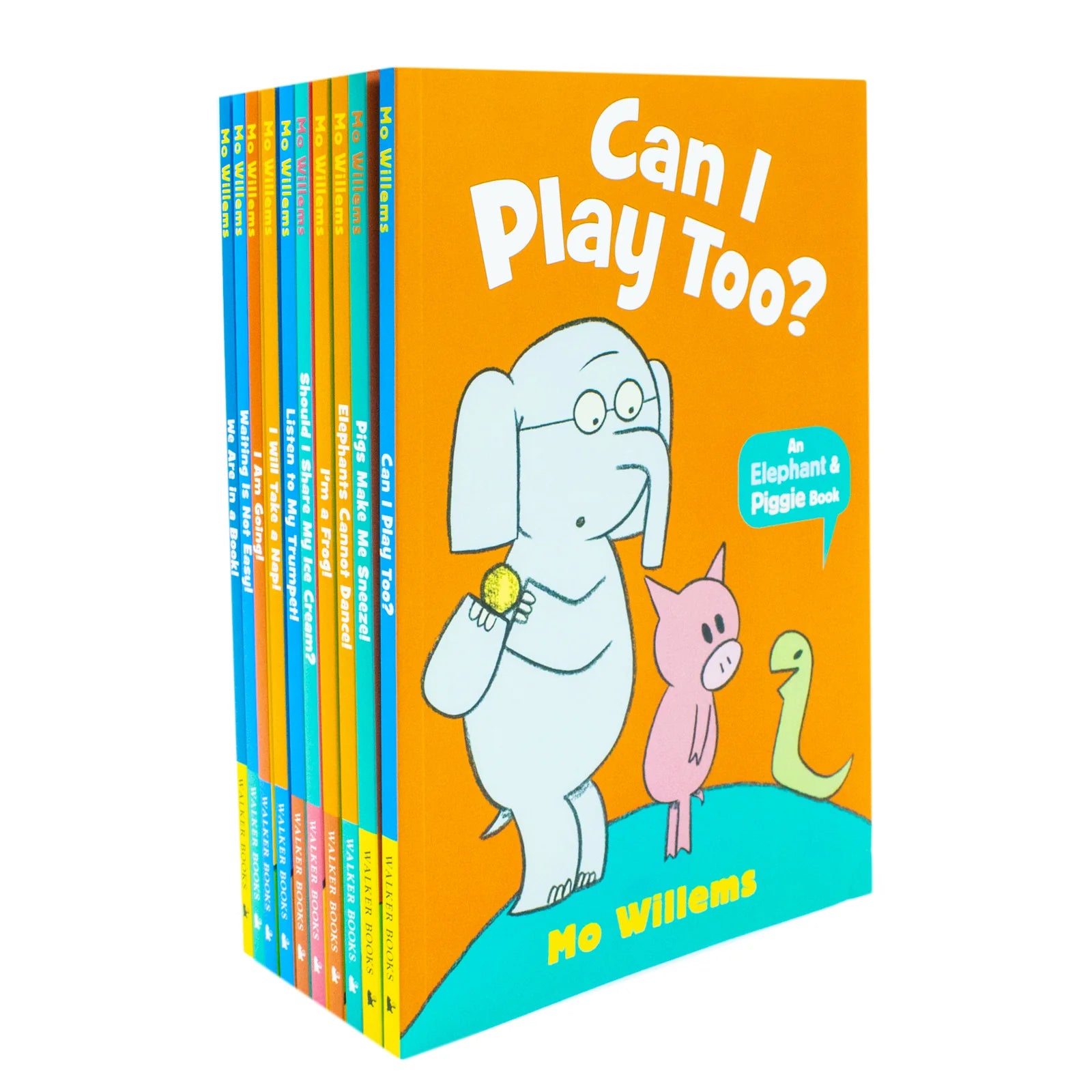 Front covers of the Elephant & Piggie Best Friends For Ever 10-book paperback collection by Mo Willems