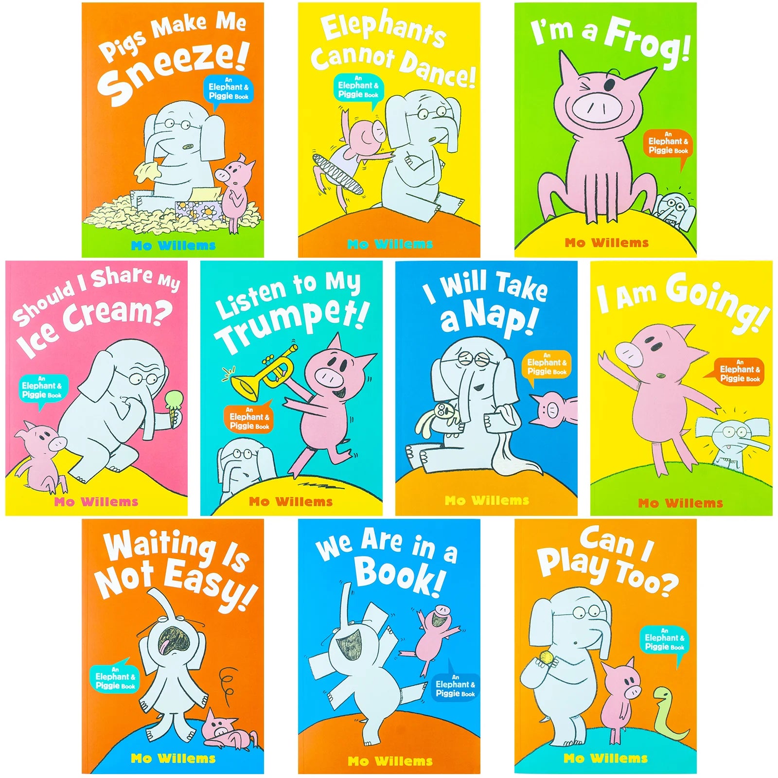Elephant & Piggie 10-book box set showing spines lined up in a row, paperback edition