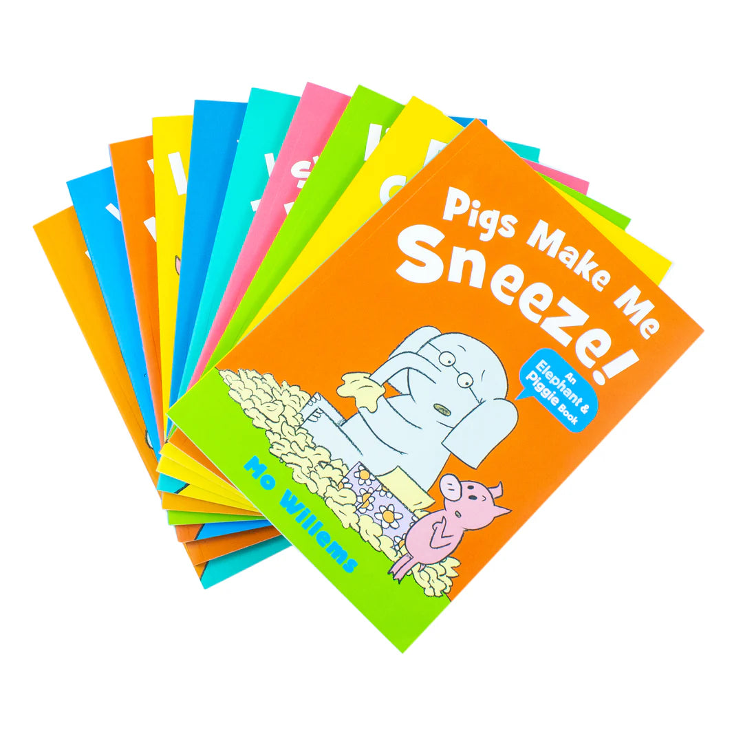 Close-up of Elephant & Piggie paperback book covers featuring Gerald the elephant and Piggie the pig