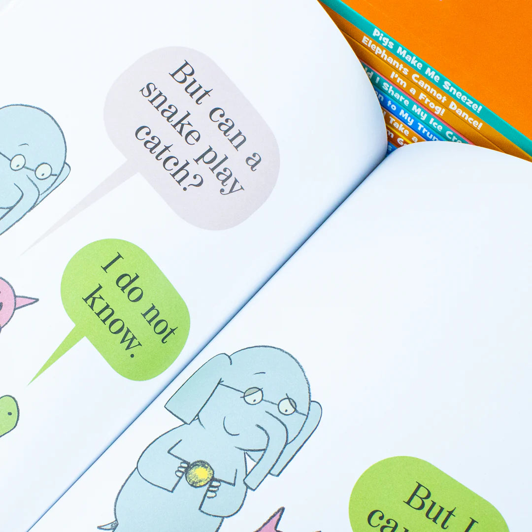Back cover view of the Elephant & Piggie 10-book paperback collection by Mo Willems