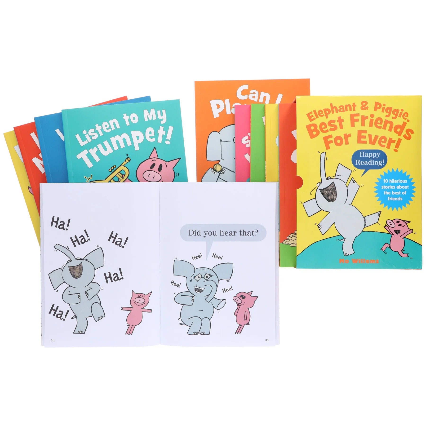 Inside page spread from an Elephant & Piggie book showing comic-style speech bubbles and illustrations