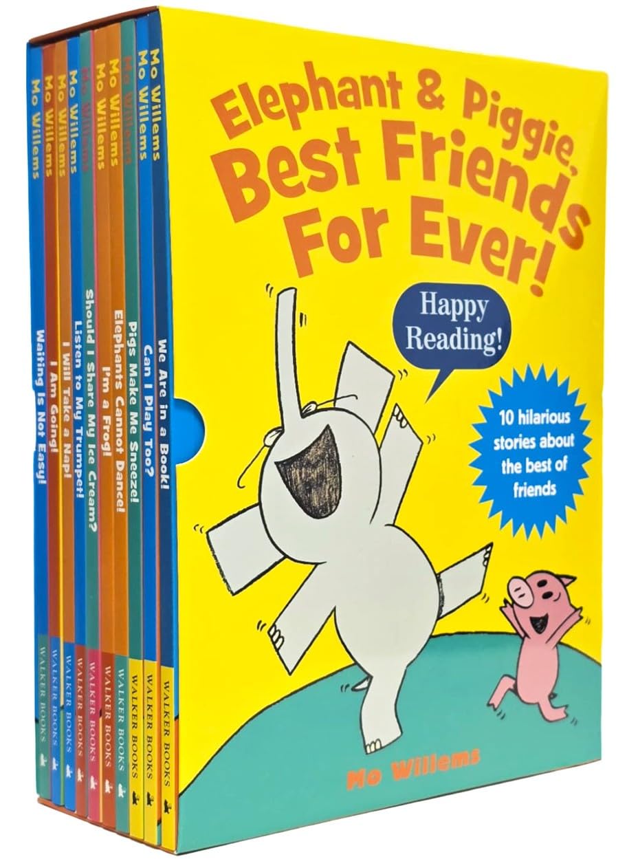 Complete set of 10 Elephant & Piggie Best Friends For Ever paperback books by Mo Willems with colorful illustrated covers fanned out