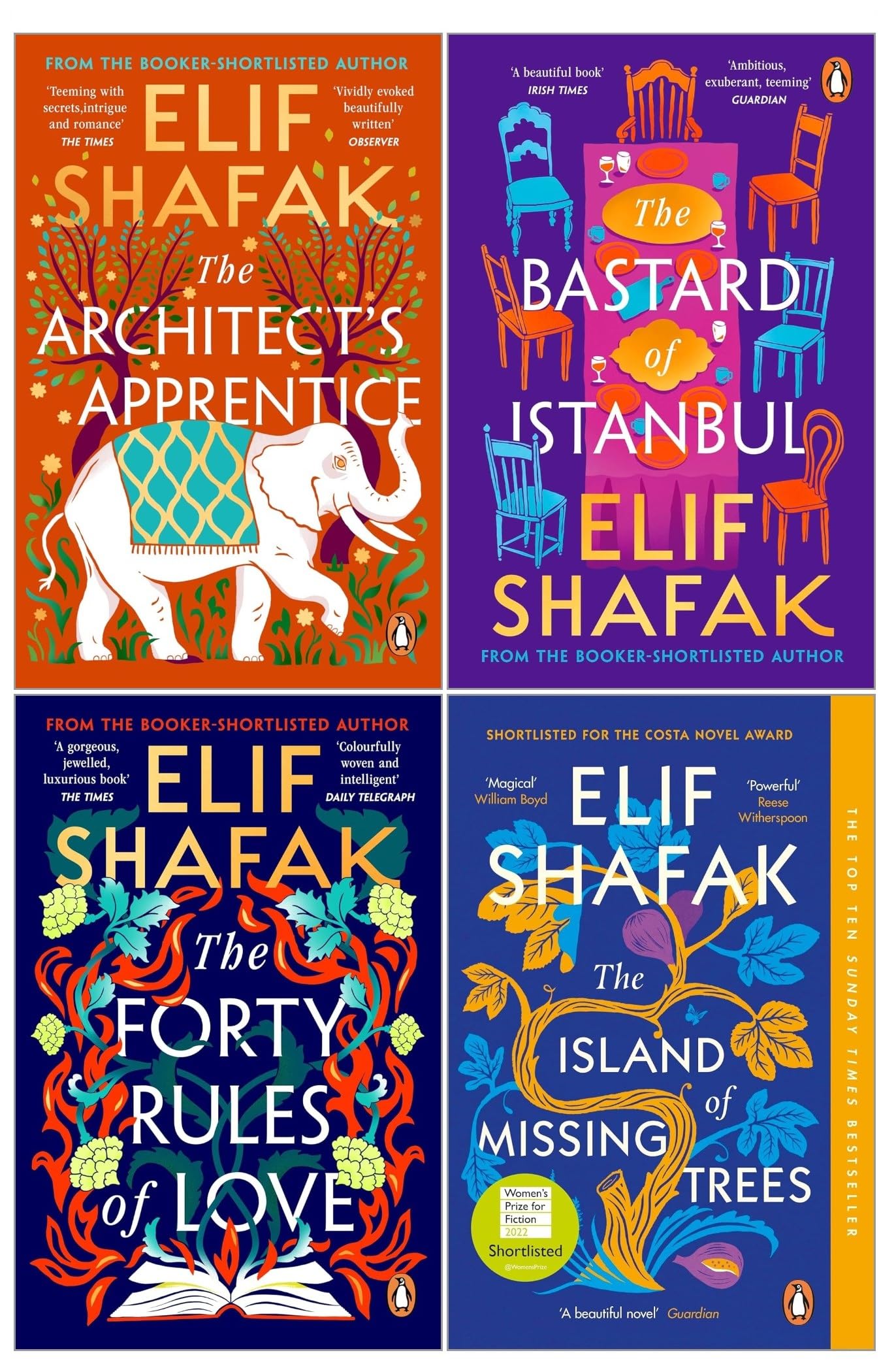 Elif Shafak 4 Books Collection Set paperback front cover featuring The Architect's Apprentice, The Island of Missing Trees, The Forty Rules of Love, and The Bastard of Istanbul