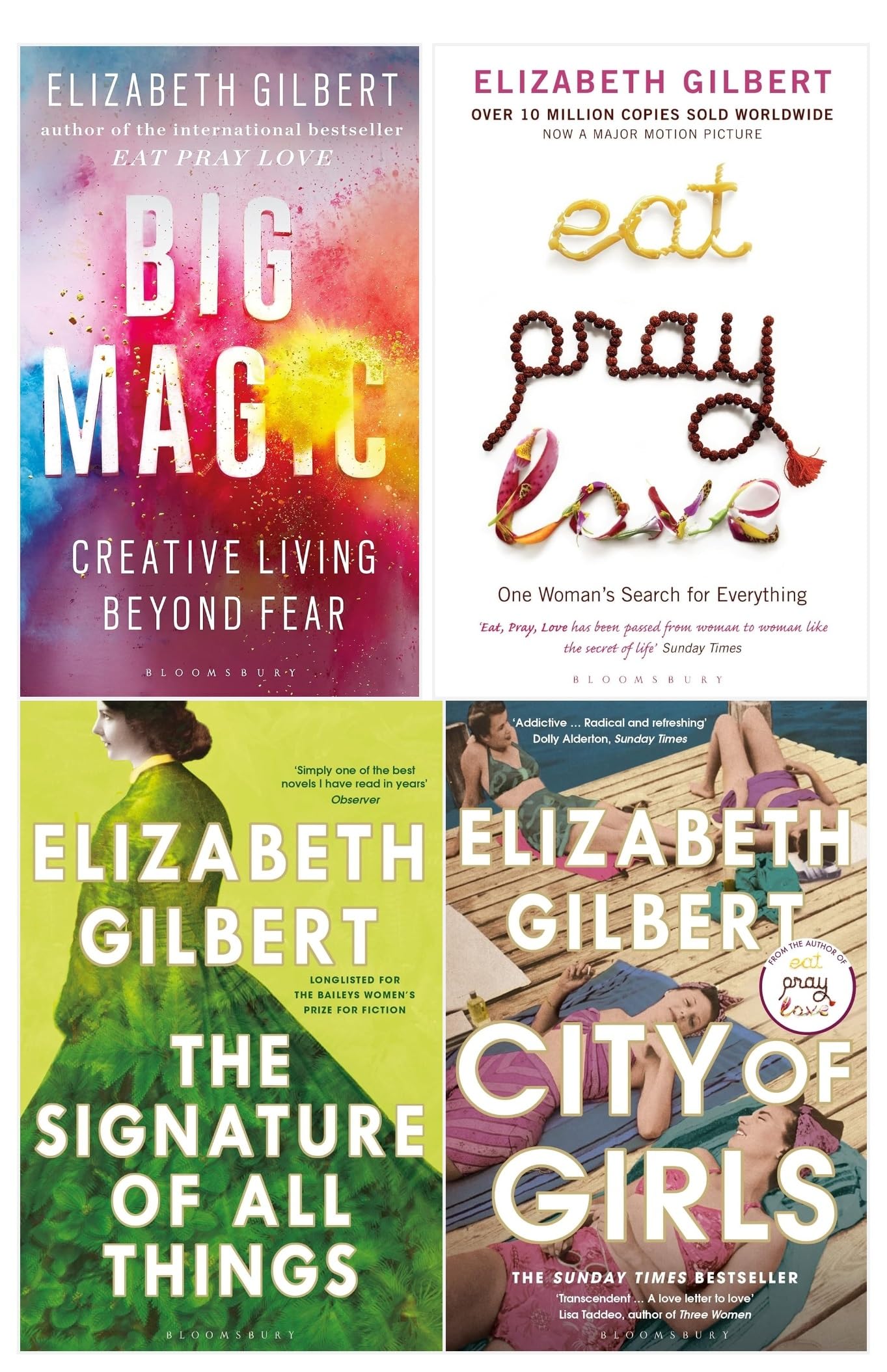 Front cover of the Elizabeth Gilbert 4 Books Collection Set paperback, featuring The Signature of All Things, City of Girls, Eat Pray Love, and Big Magic