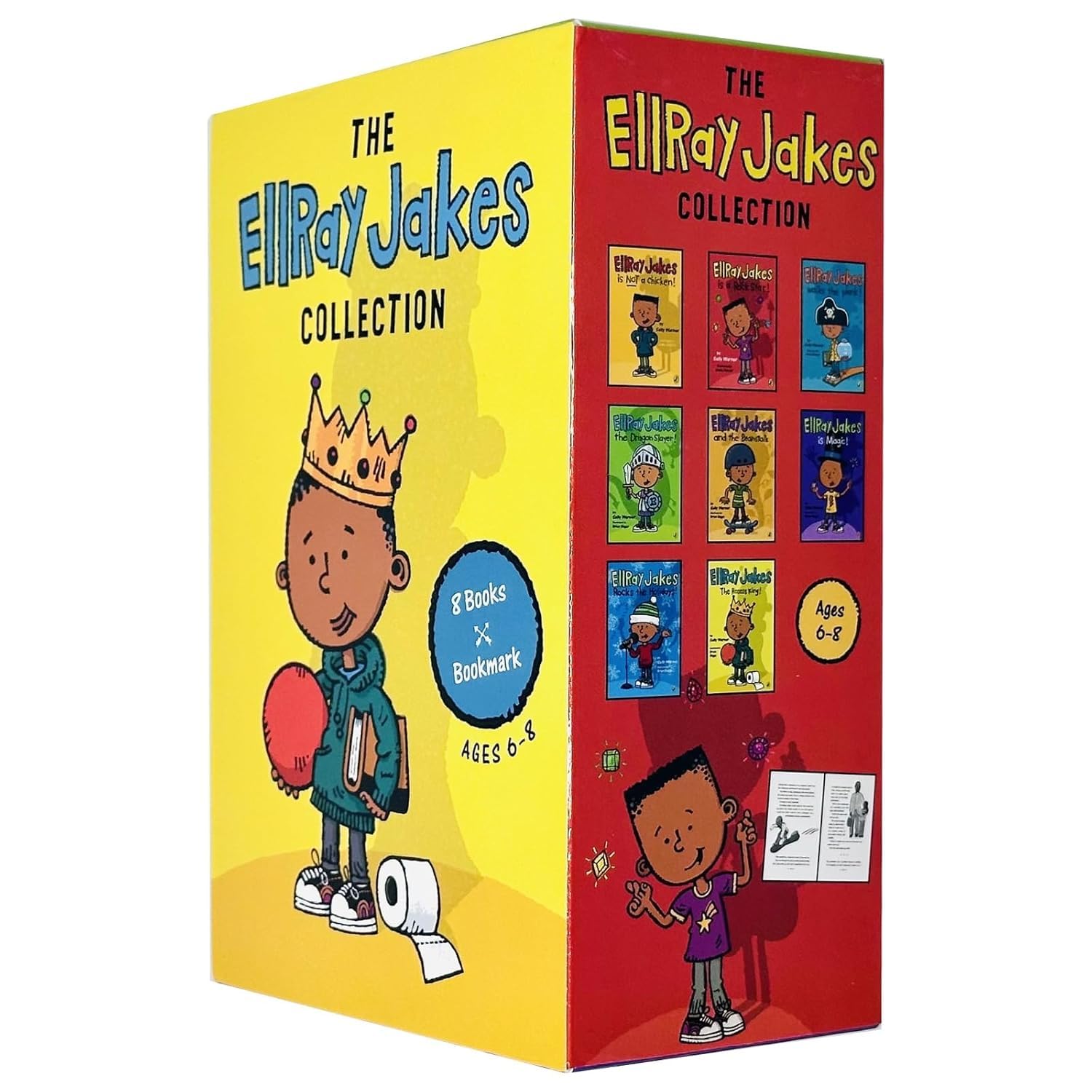Close-up of individual EllRay Jakes paperback book covers from the 8-book set