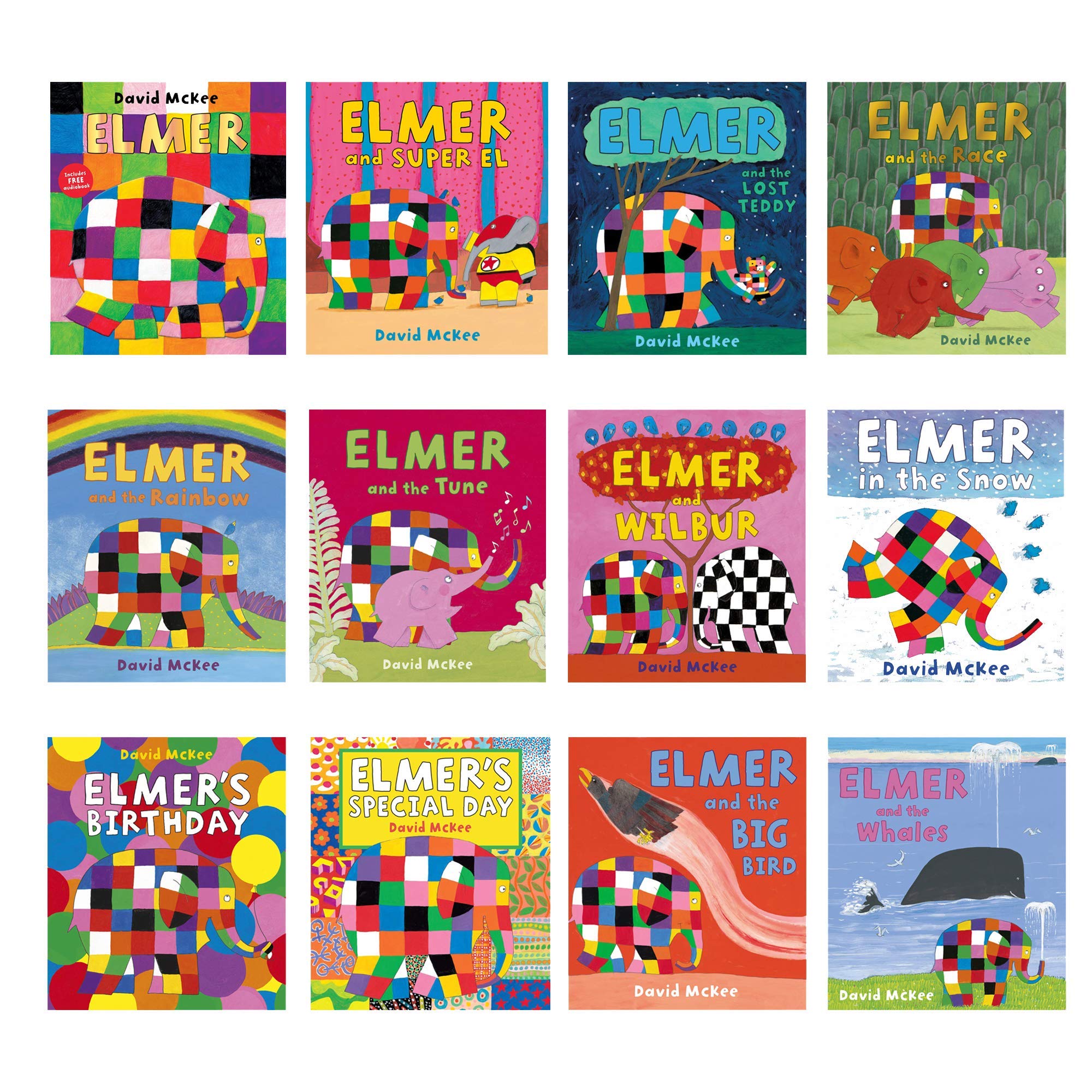 Elmer 12 Book Paperback Collection Set by David McKee - full set of individual Elmer titles shown together