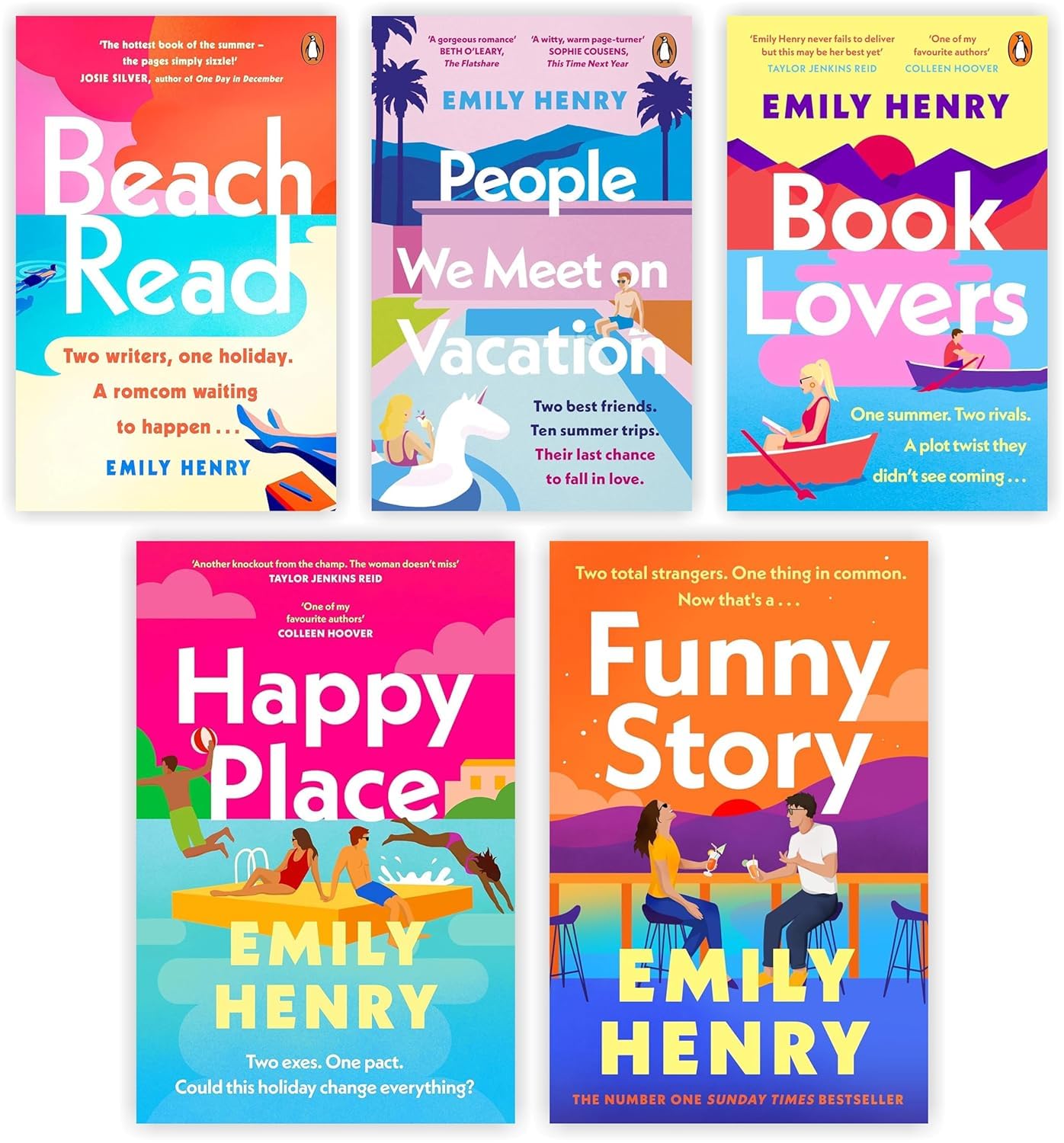 Emily Henry 5 Books Collection Set paperback front covers featuring Beach Read, People We Meet on Vacation, Book Lovers, Happy Place, and Funny Story