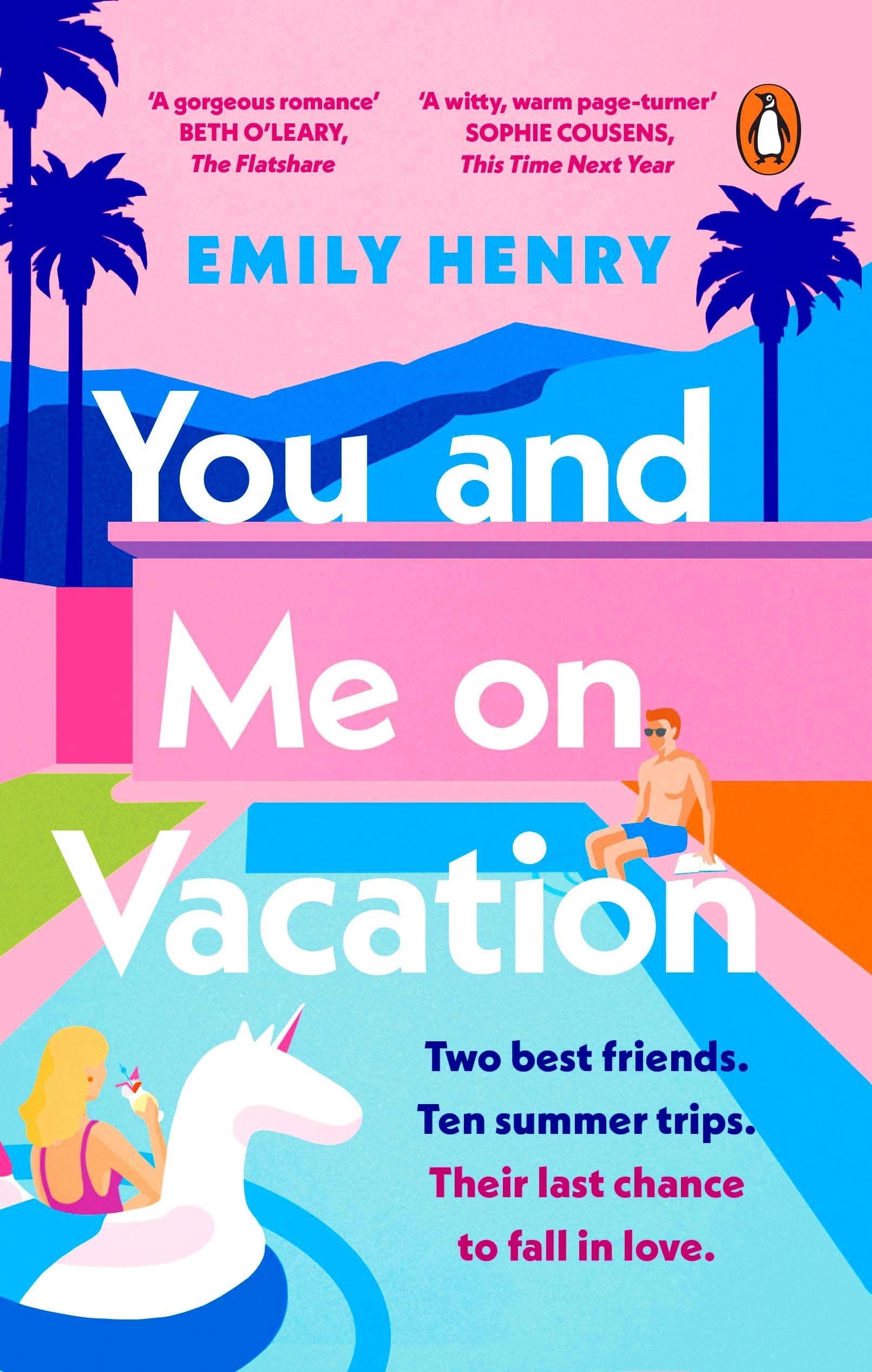 Close-up of the Beach Read and You and Me on Vacation paperback covers from the Emily Henry Collection