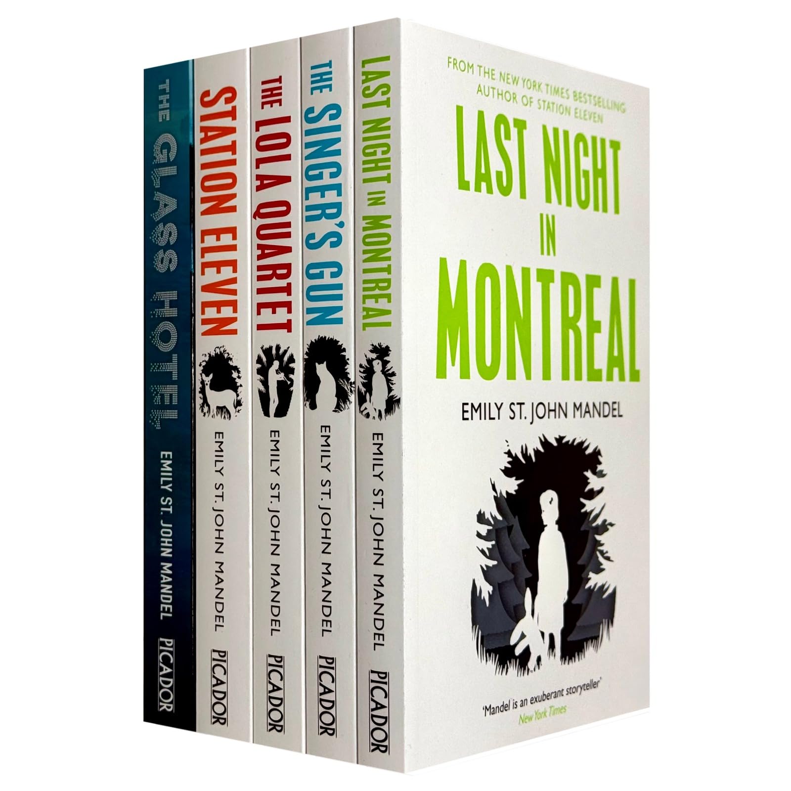 Front cover of the Emily St. John Mandel 5 Books Collection Set featuring Station Eleven, The Glass Hotel, Last Night in Montreal, The Singer's Gun, and The Lola Quartet paperbacks