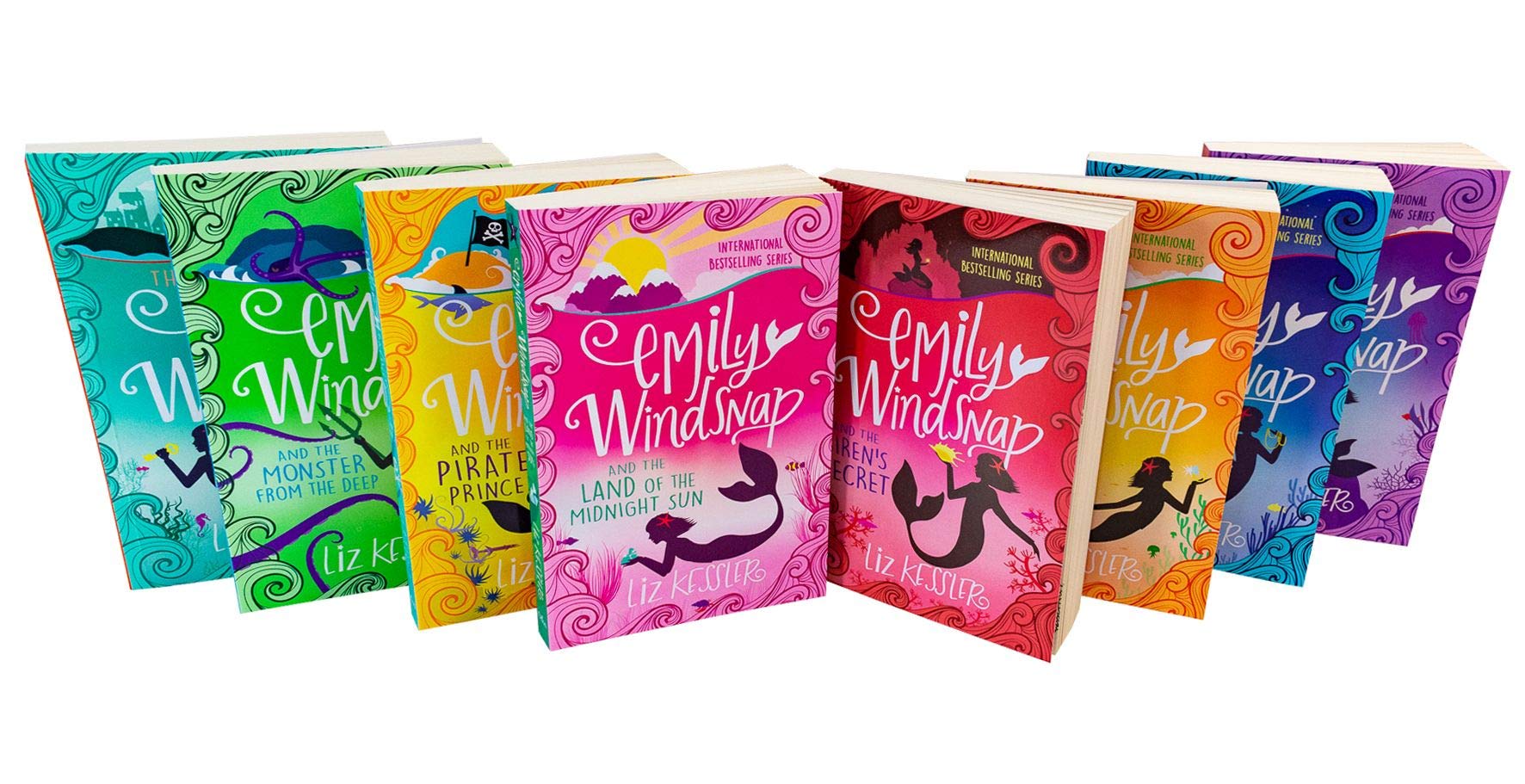 All nine Emily Windsnap paperback books by Liz Kessler fanned out showing individual covers