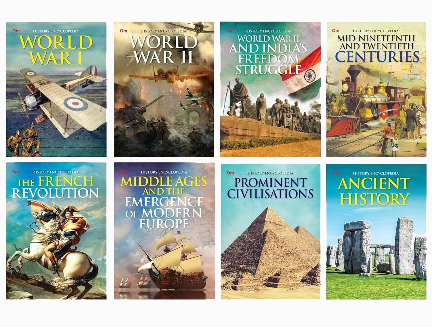 Encyclopedia of History 8 books fanned out showing Ancient History, French Revolution, and Middle Ages titles
