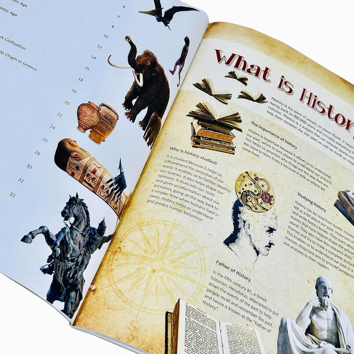 Inside page spread from Encyclopedia of History showing illustrated historical content and text layout