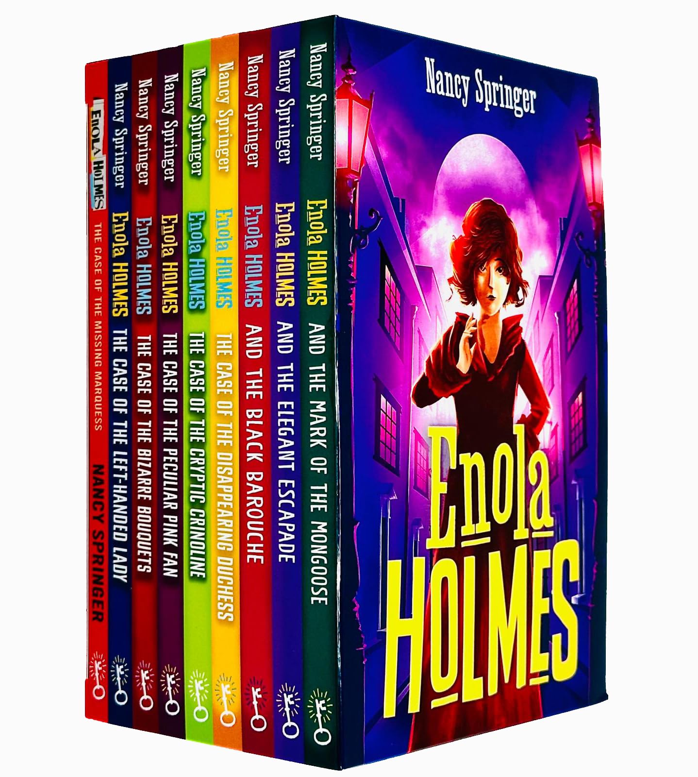 Back cover of the Enola Holmes 9 Books Collection Set paperback showing series summary and titles list
