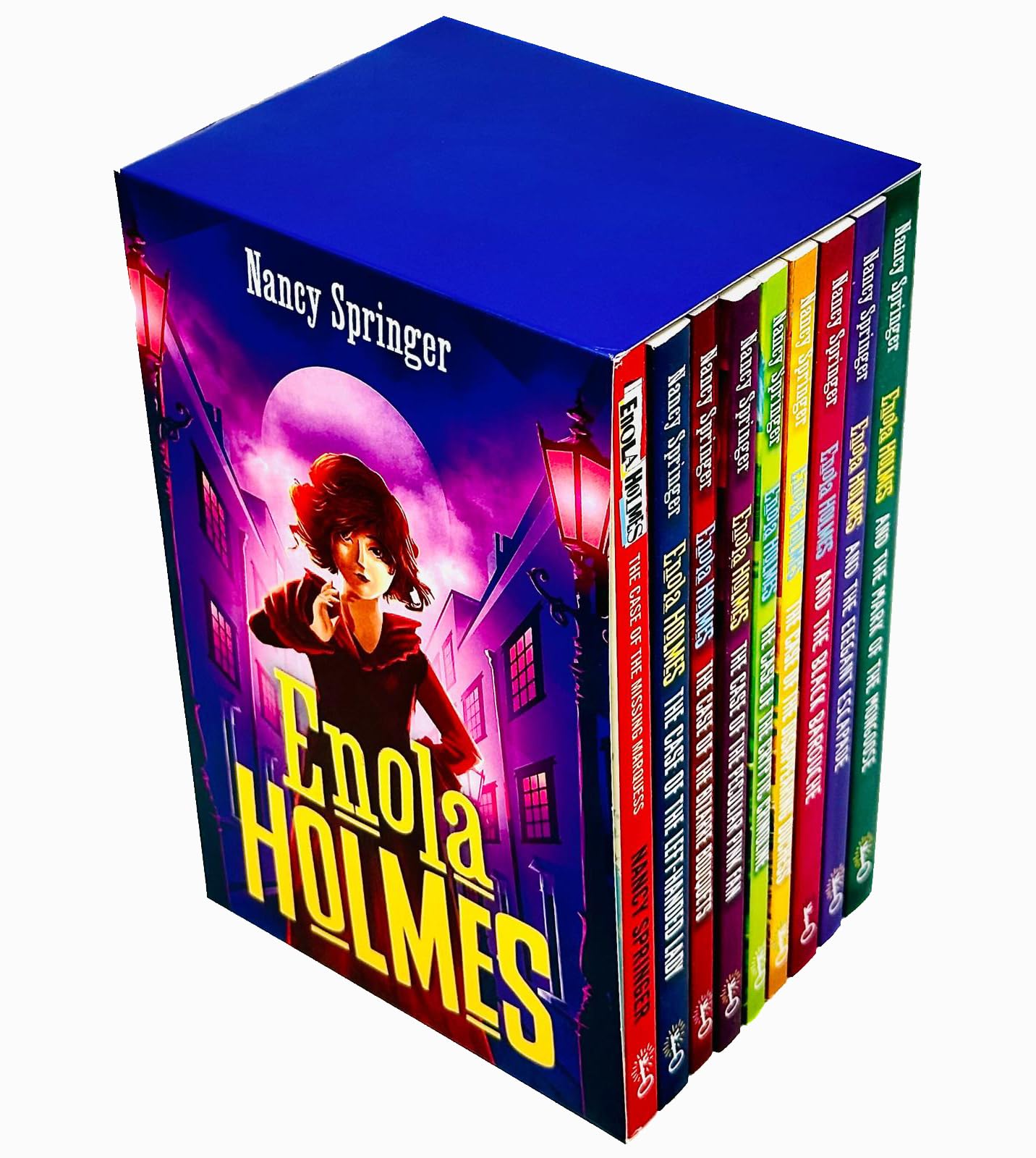 Enola Holmes paperback book covers The Case of the Missing Marquess and The Case of the Left-Handed Lady close-up