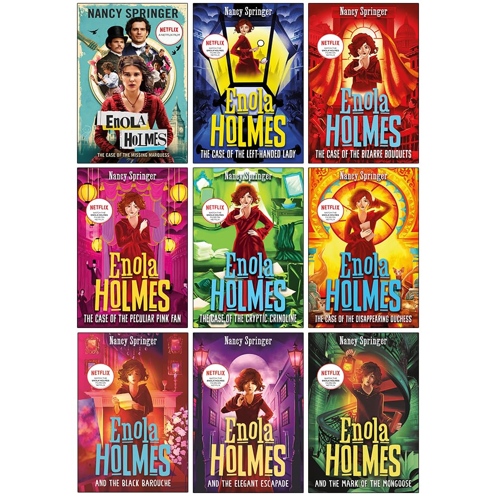 Enola Holmes paperback covers The Case of the Bizarre Bouquets and The Case of the Peculiar Pink Fan close-up