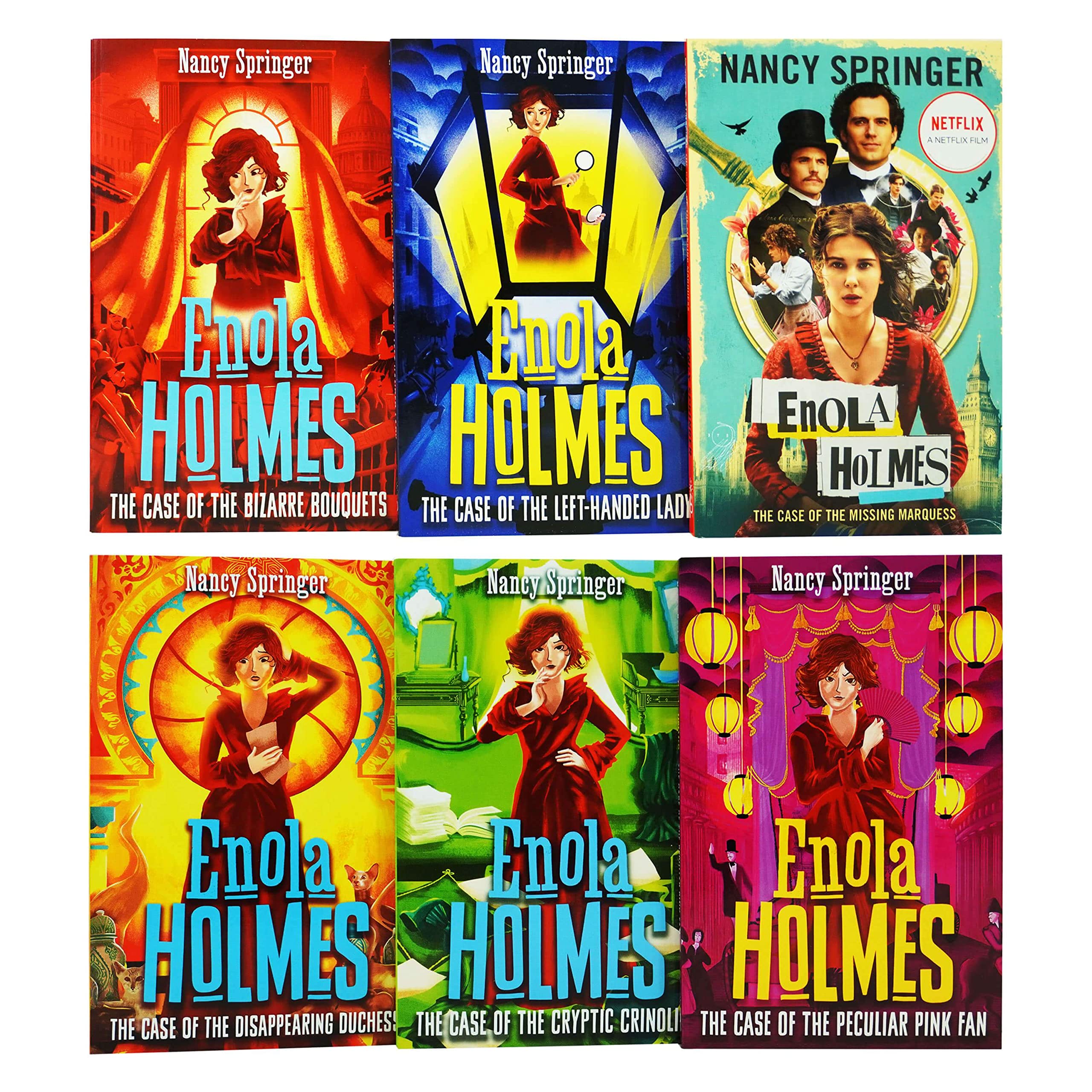 Enola Holmes Mystery Series paperback set - full set of all 6 books fanned out showing individual covers