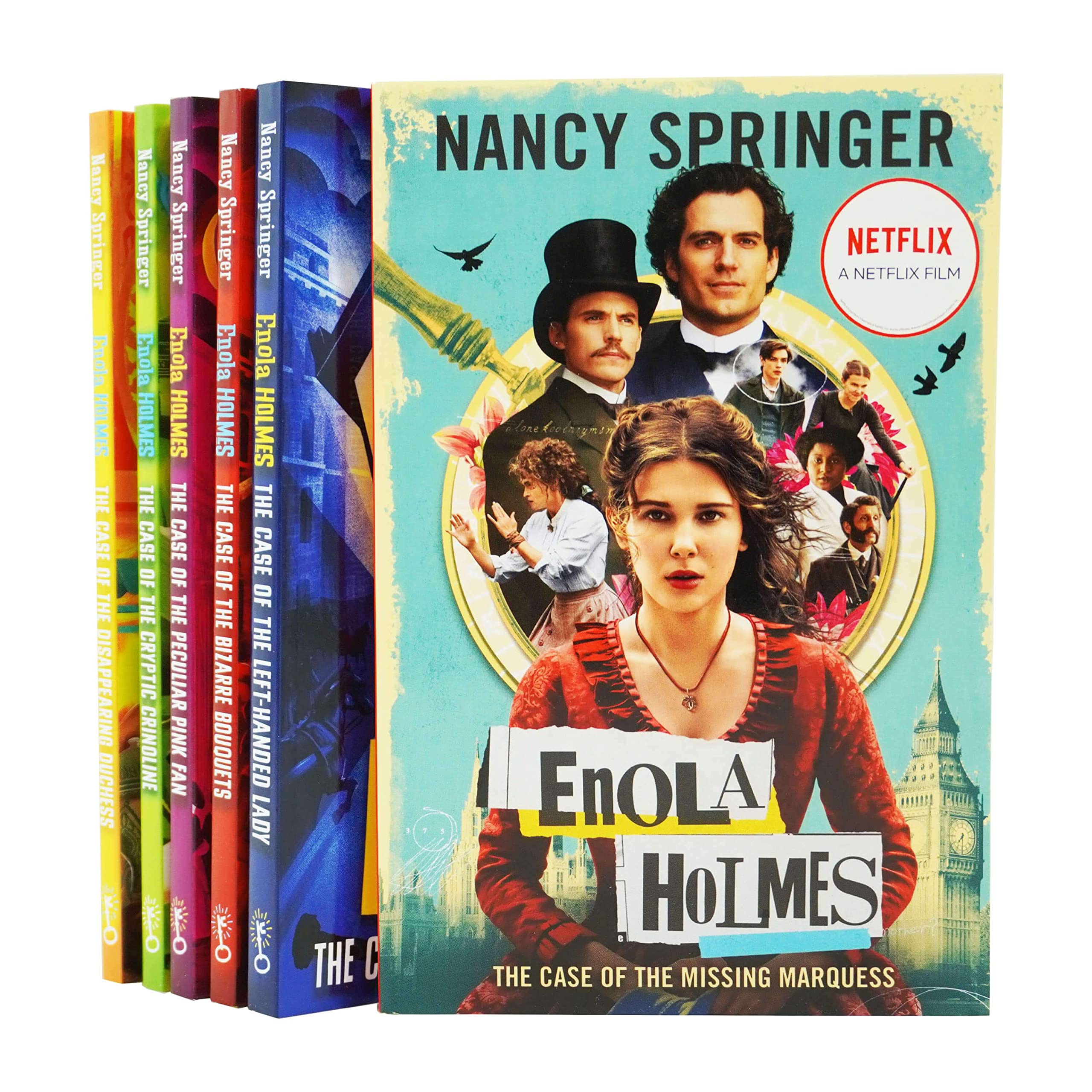 Enola Holmes Mystery Series by Nancy Springer - close-up of The Case of the Missing Marquess and Left-Handed Lady covers
