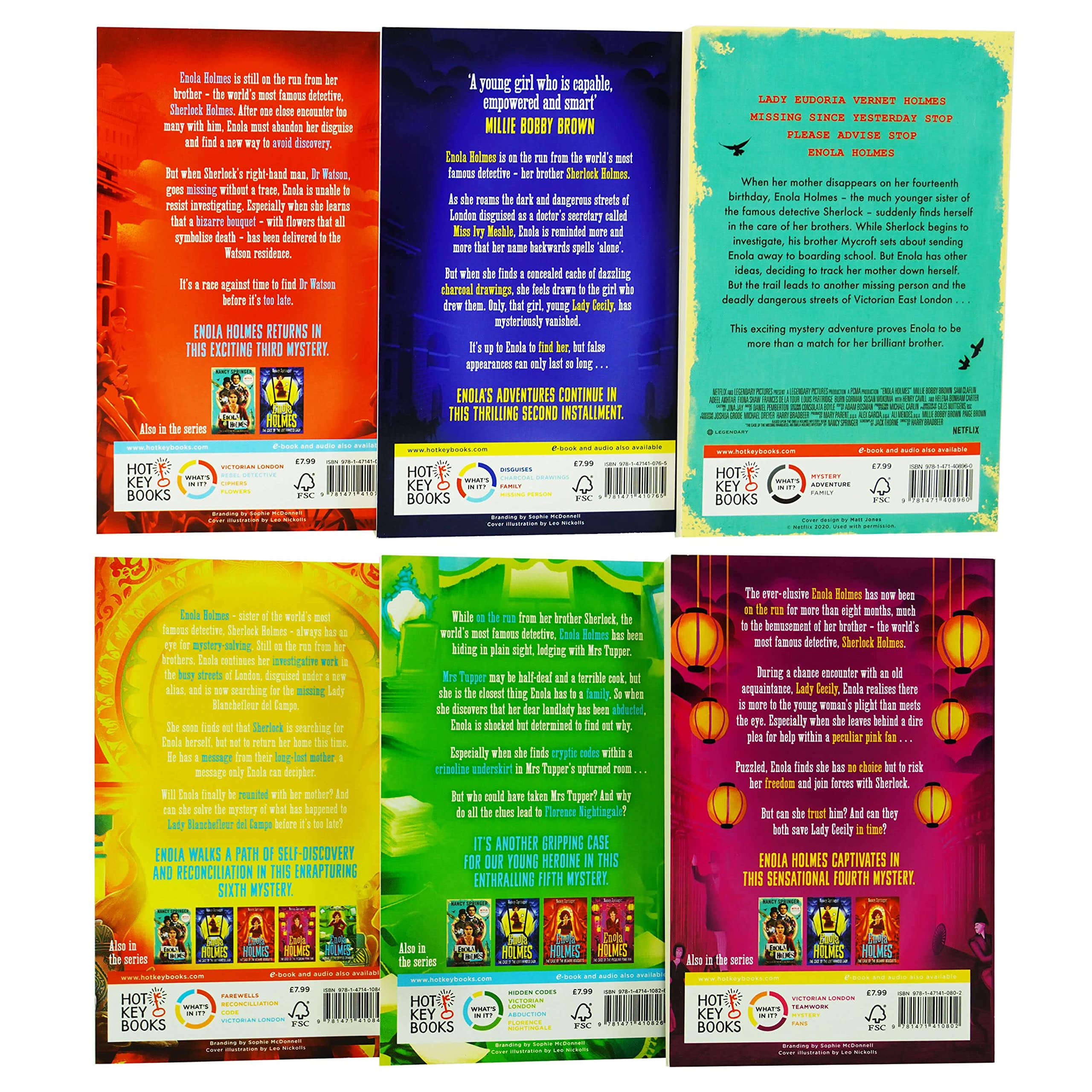 Enola Holmes Mystery Series paperback collection - back cover synopsis and ISBN details