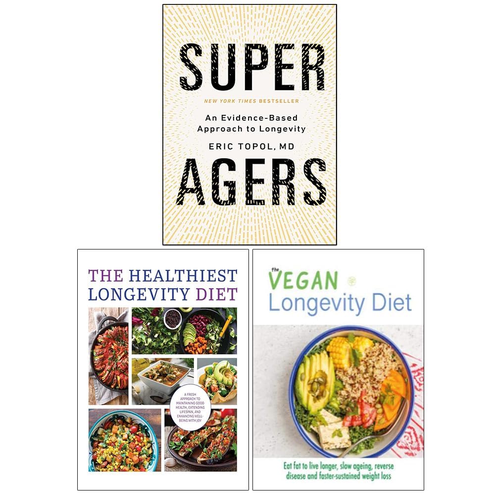 Eric Topol Super Agers, Healthiest Longevity Diet & Vegan Longevity Diet 3 books collection set front covers