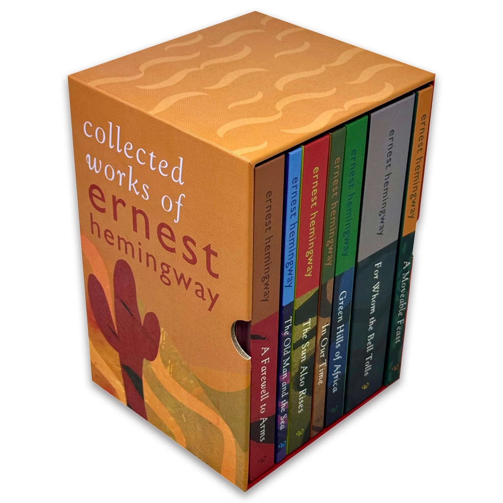 Back cover of the Ernest Hemingway 7 Books hardcover collection set showing title list and synopsis